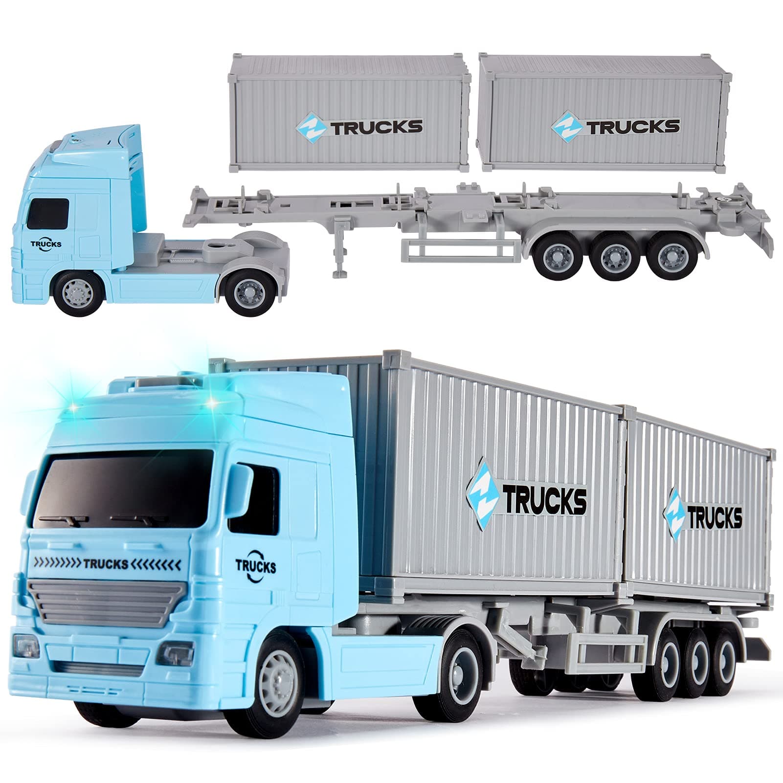 HERSITY Container Transporter Truck Toy 1:50 Scale, Friction Lorry Cars with Lights and Sounds Gifts for 3 4 5 6 Years Old Children Boys Girls