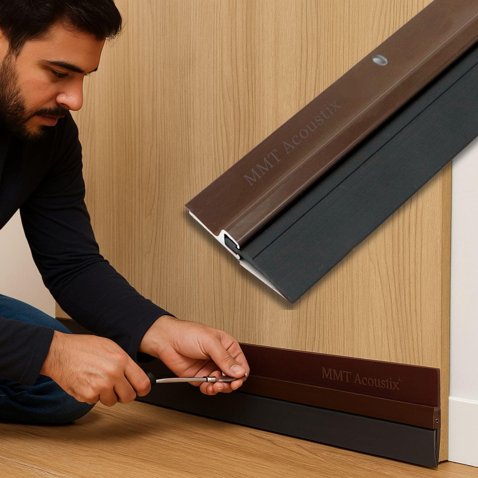 MMT Acoustix® 36X1.5" Door Seal Bottom with Carbon Metal Seal Strip + Rubber Insulation| Door Stopper,Weatherproof,Soundproof,Anti Rust,10 Year Life,All Door Type|Brown Color with Carbon Screws(1Pcs)