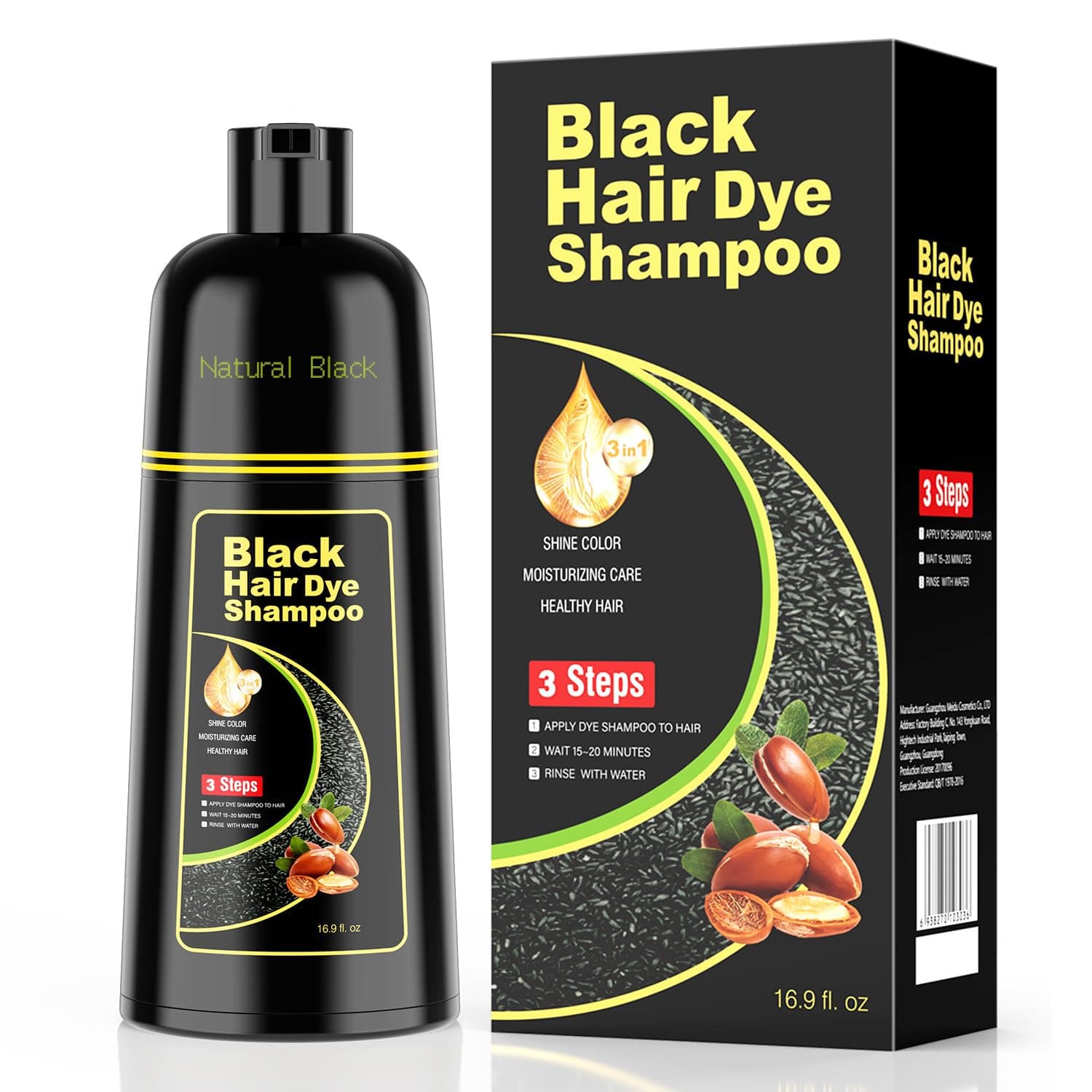 KAISASA Black Hair Dye Shampoo 3 in 1,Argan Herbal Hair Color Shampoo Covers Gray Hair for Women and Men (16.9 fl.oz Black)
