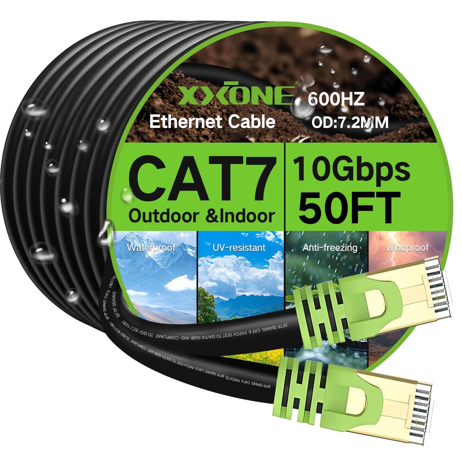 - Outdoor Cat 7 Ethernet Cable 50ft, 26AWG Heavy-Duty Cat7 Networking Cord Patch Cable RJ45 Transmission Speed 10GbpsTransmission Bandwidth 600Mhz LAN Wire Cable SFTP Waterproof Direct Burial