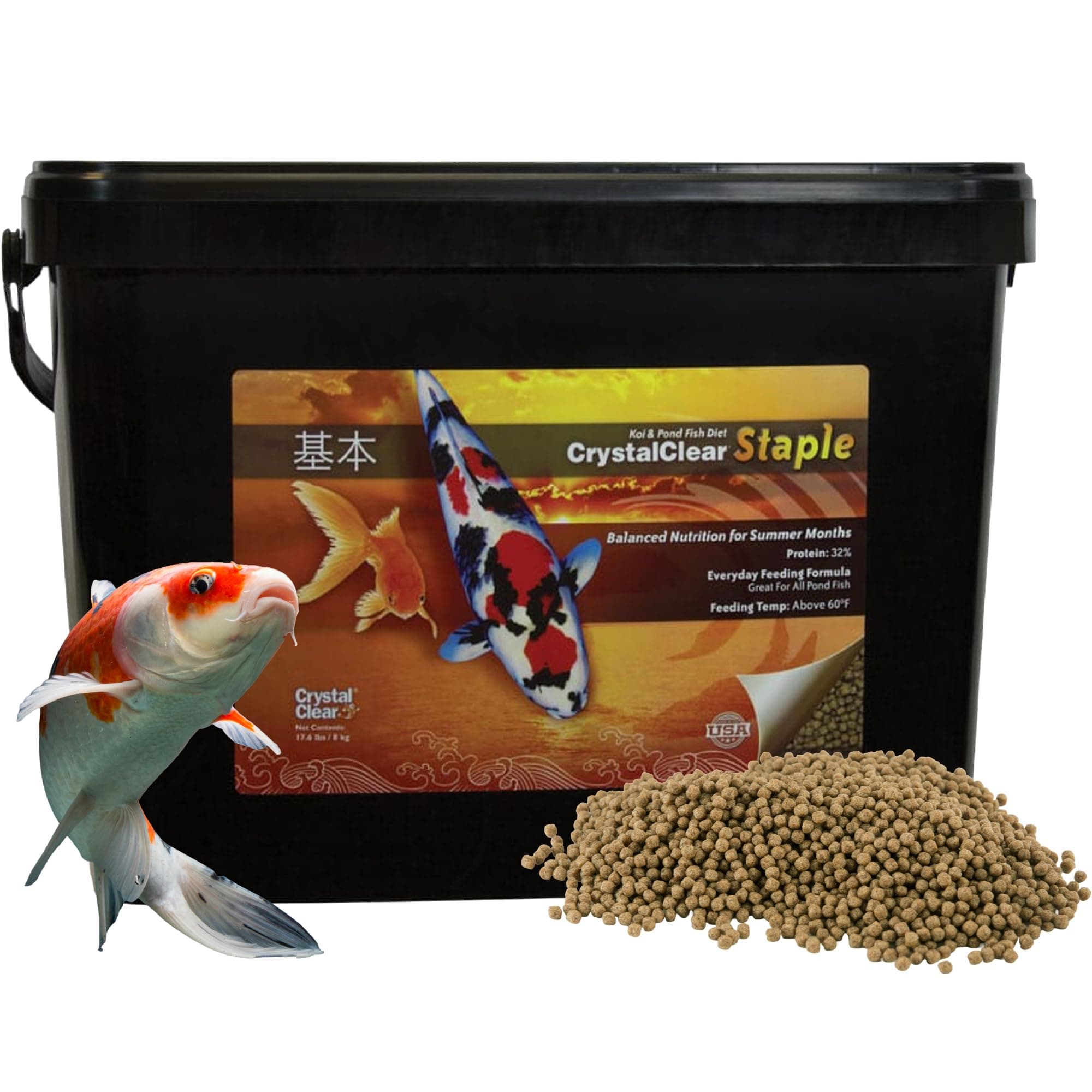 CrystalClear Staple Pond Fish Food for Healthy Koi & Goldfish, Protein Packed Floating Pellets for Summer Nutrition, Easy Digestion, 17.6 Pound Bucket