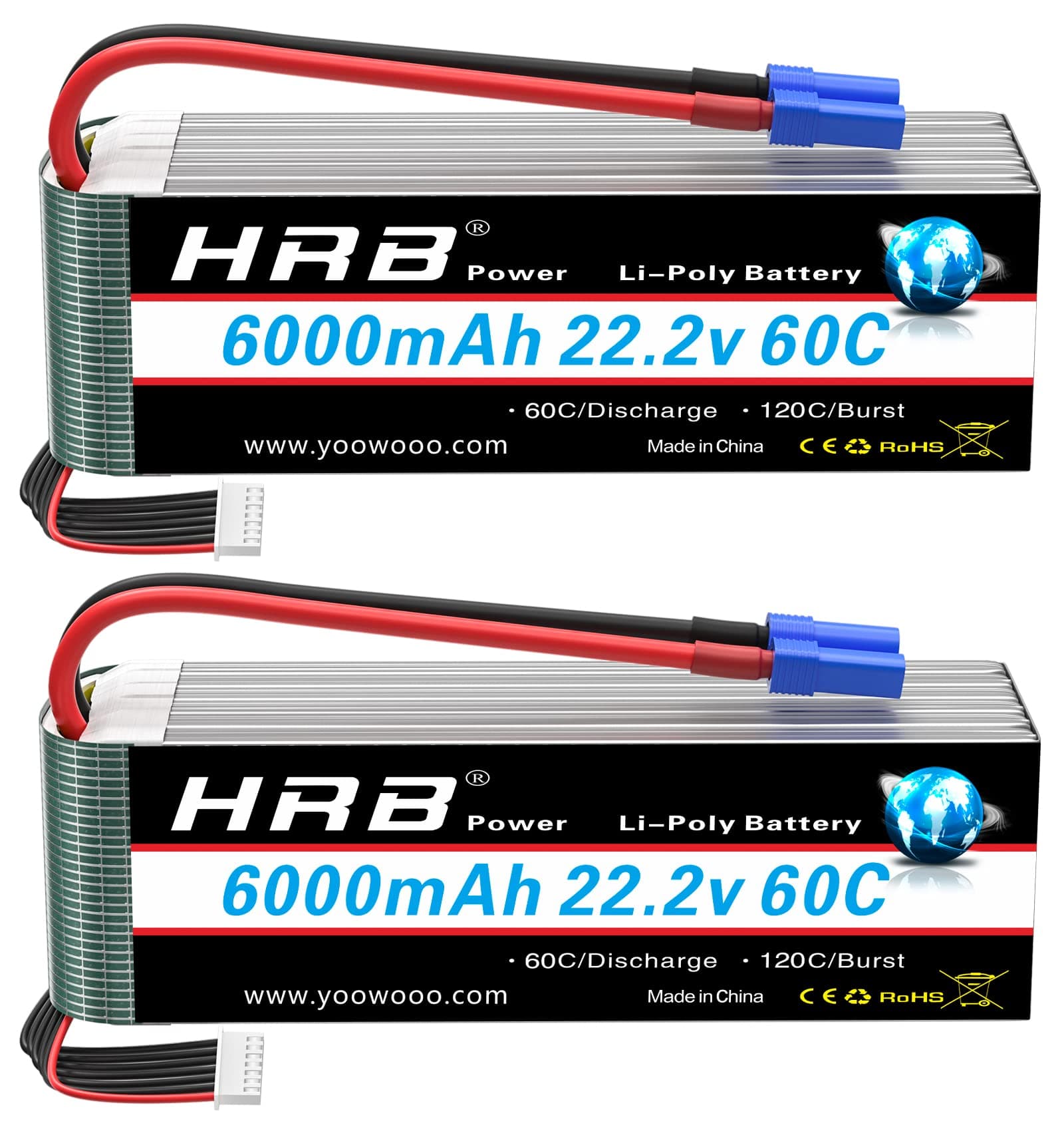 HRB 2PCS 6S 22.2V 6000mAh 60C Lipo Battery with EC5 Plug for RC Helicopter Airplane Car Boat Truck
