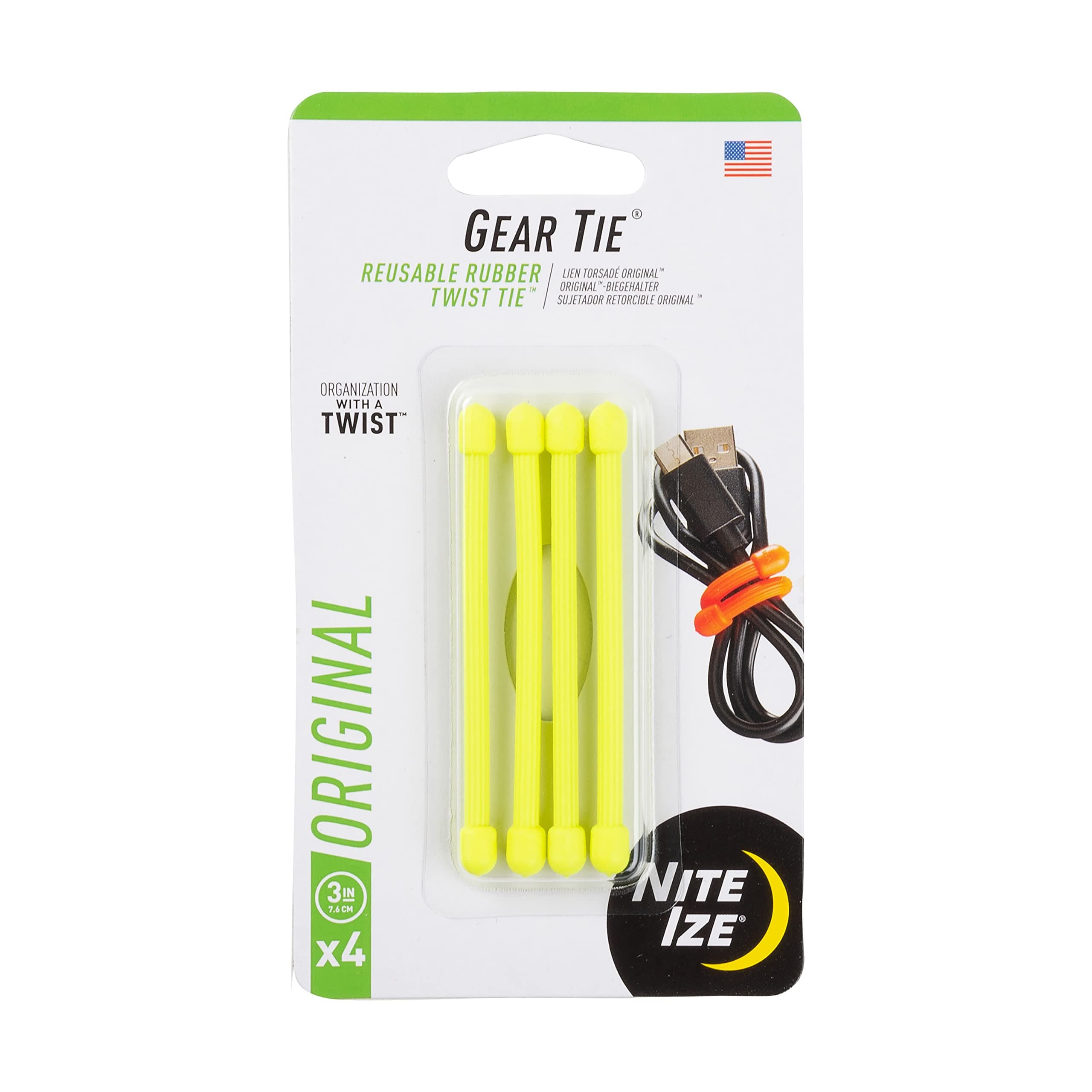 Nite Ize GT3-4PK-33 Original Gear Tie, Reusable Rubber Twist Tie, 3-Inch, Neon Yellow, 4 Pack, Made in the USA