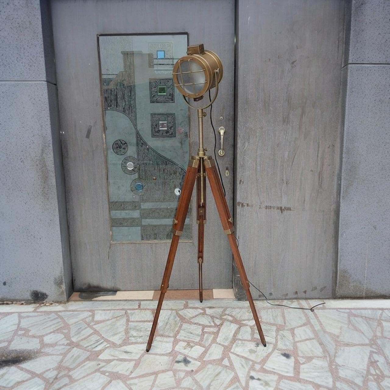 Vintage Nautical Spotlight Floor Lamp with Adjustable Metal Tripod | 72" Antique Brown Searchlight with Foot Switch for Living Room, Office & Home Decor | Retro Standing Lamp