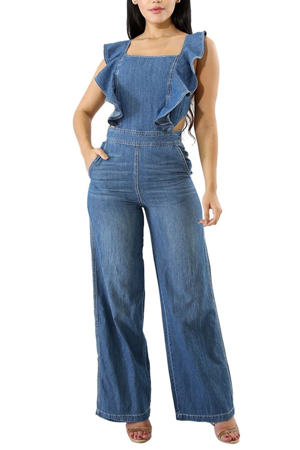 Women's Sexy Cross Backless Denim Romper Ruffle Wide Leg Long Pants Jumpsuit Clubwear (Medium)