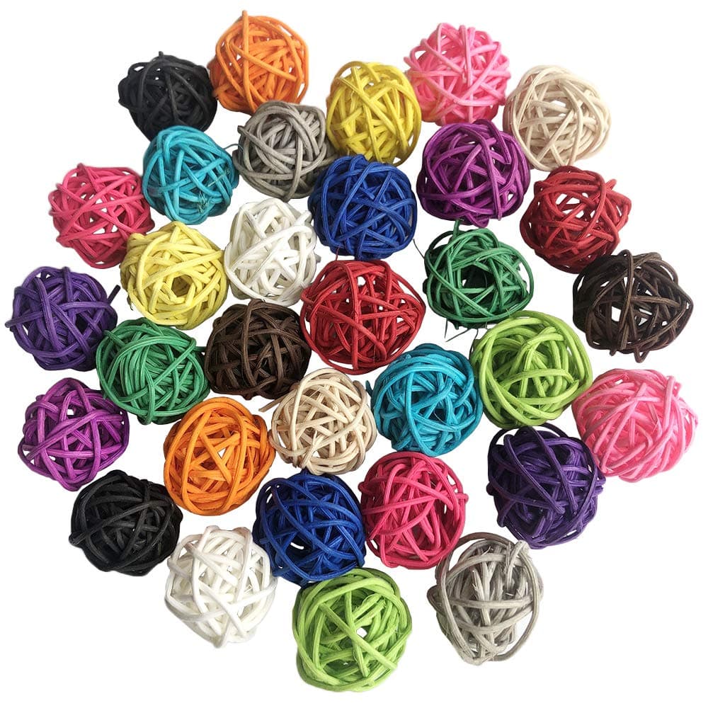 Rattan Balls 32 Pack 1.2 inch Wicker Ball Birds Quaker Parrot Parakeet Chewing Pet Bite Ball for Budgies Conures Hamsters Ball Orbs Crafts DIY Accessories Vase Fillers (Multi-colored)