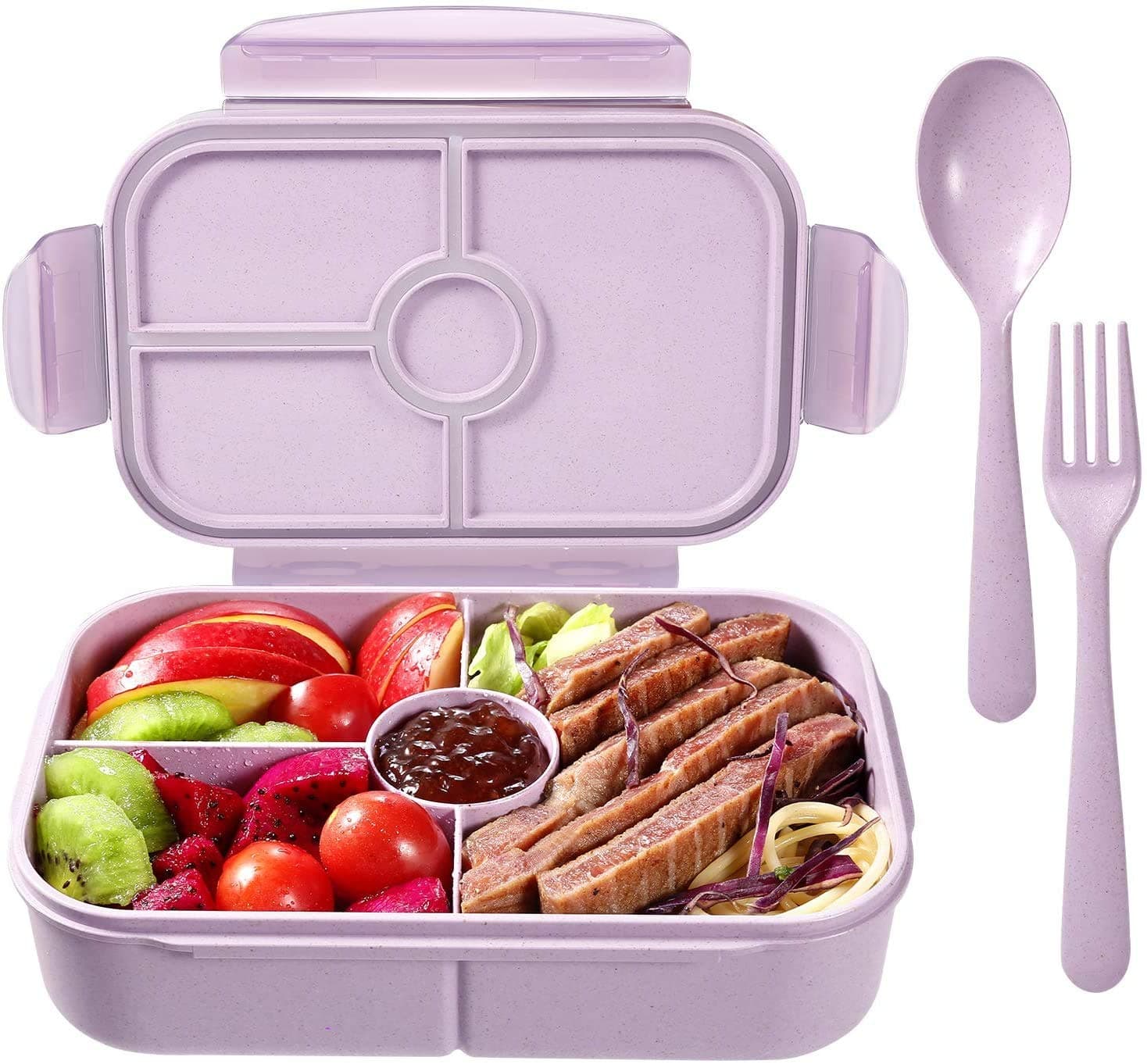 JeopaceBento Box Kids Lunch Containers for Kids with 4 Compartments Kids Bento Lunch Box Microwave Safe (Flatware Included,Light Purple)