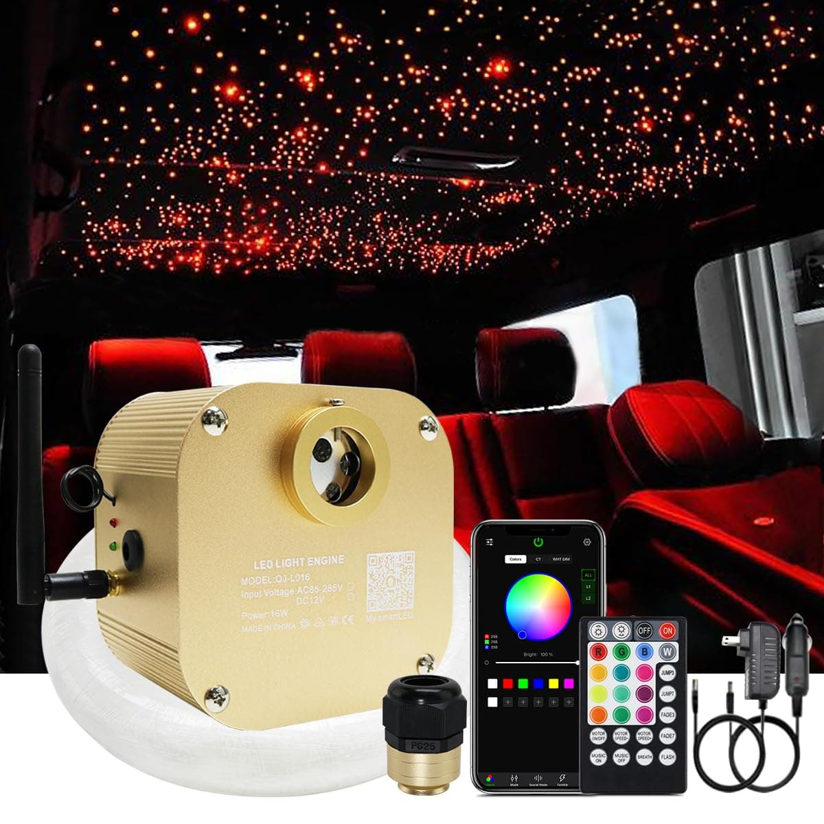AKEPO 16W RGBW Twinkle APP Fiber Optic Lights Kit, Music Activated+335pcs*13.1ft/4m (0.03+0.04+0.06in) Optical Fiber Cable+Remote for Car Home Starlight Headliner Star Ceiling Light Kit
