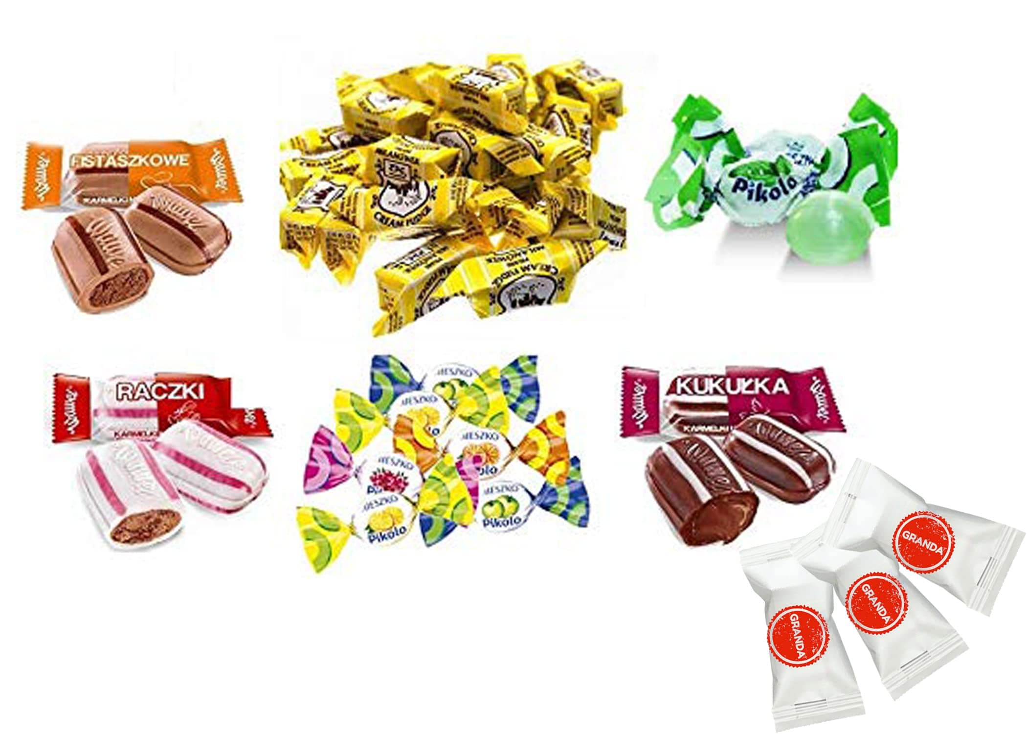 TASTE OF POLAND MIX POLISH CANDIES not melting edition 1 LB packing by Granda. Traditional Polish Candies. RACZKI, KUKULKI, PIKOLO, KROWKA MILANOWEK, FISTASZKOWE. Product from Poland.