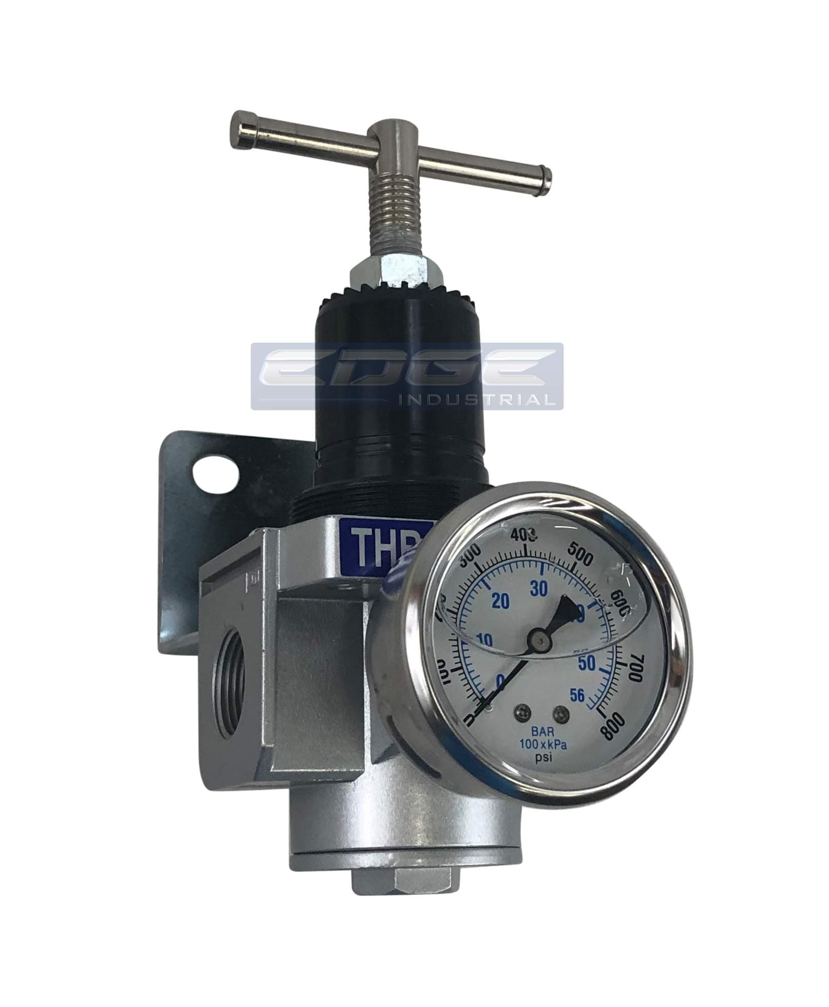 7 TO 570 PSI, 3/4" NPT, HIGH PRESSURE INDUSTRIAL REGULATOR FOR AIR & INERT GAS, ADJUSTABLE 7 THROUGH 570 PSI, HIGH FLOW RATE, T-HANDLE STYLE ADJUSTMENT WITH LIQUID FILLED PRESSURE GAUGE (3/4" NPT)