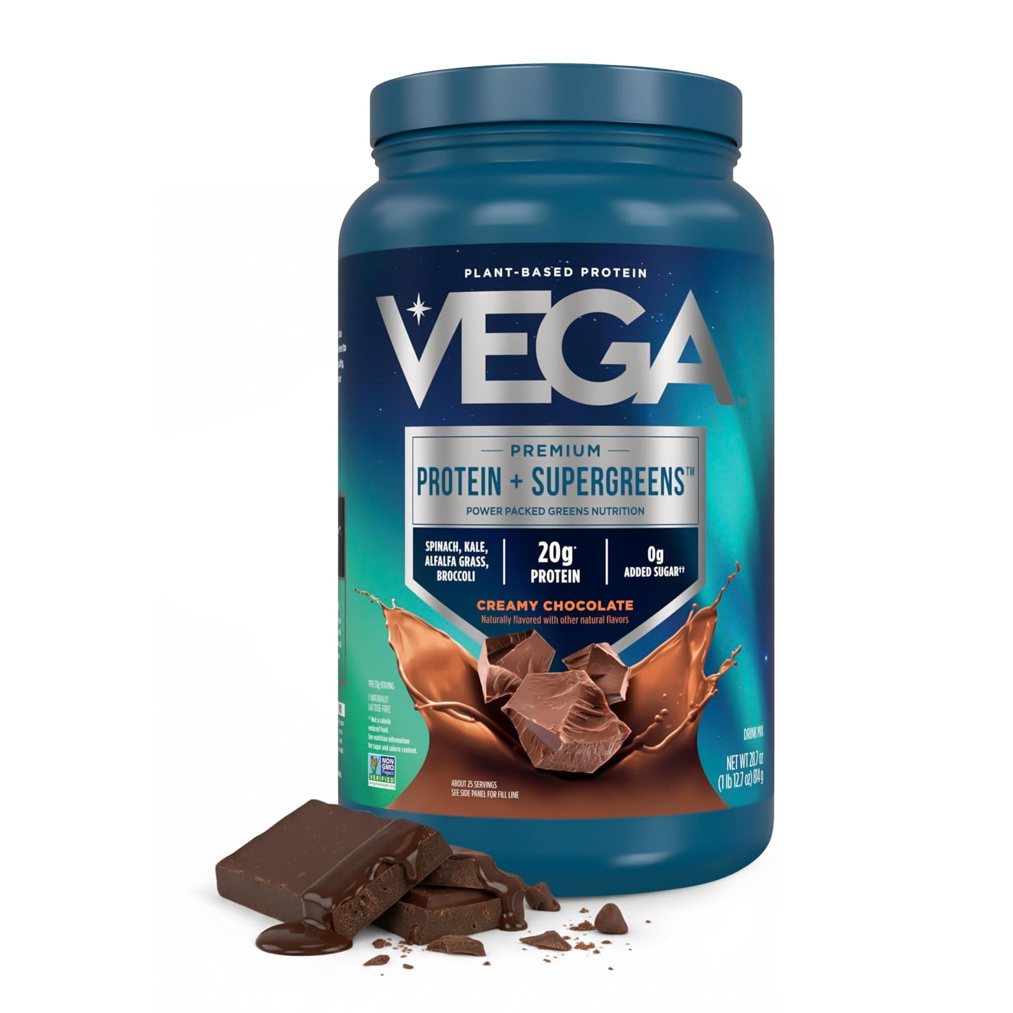 Protein & Greens Chocolate (25 Servings, 1 lb 28.7 OZ tub) - Plant Based Protein Powder, Gluten Free, Non Dairy, Vegan, Non Soy, Non GMO by Vega - (Packaging may vary)