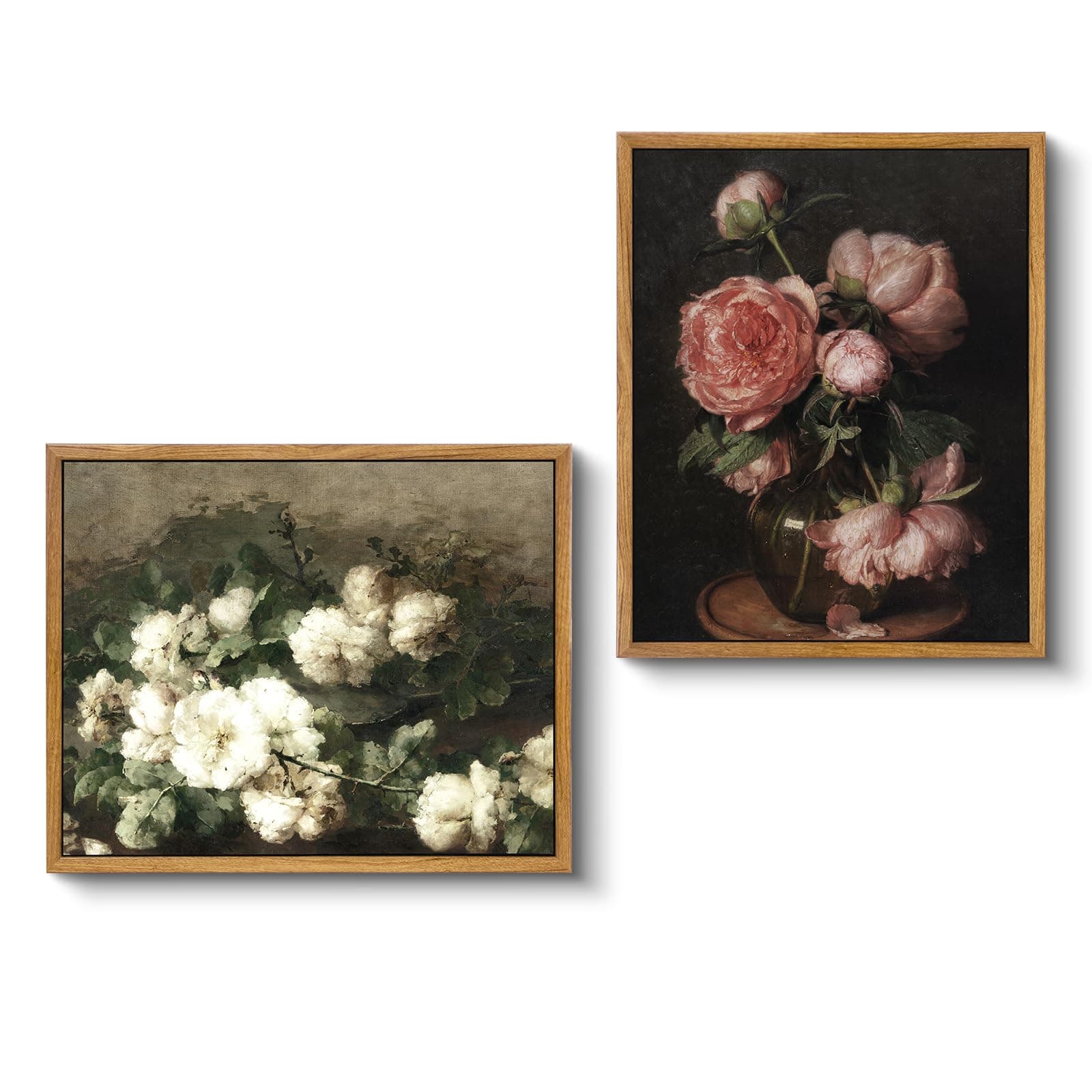 VIYYIEA Two Vintage Framed Wall Art, Peony and White Flower Painting Decor Aesthetic, Small Canvas Print Artwork, Retro Floral Wall Pictures for Bedroom Barthroom Living Room, 9x11 Inch,Set of 2