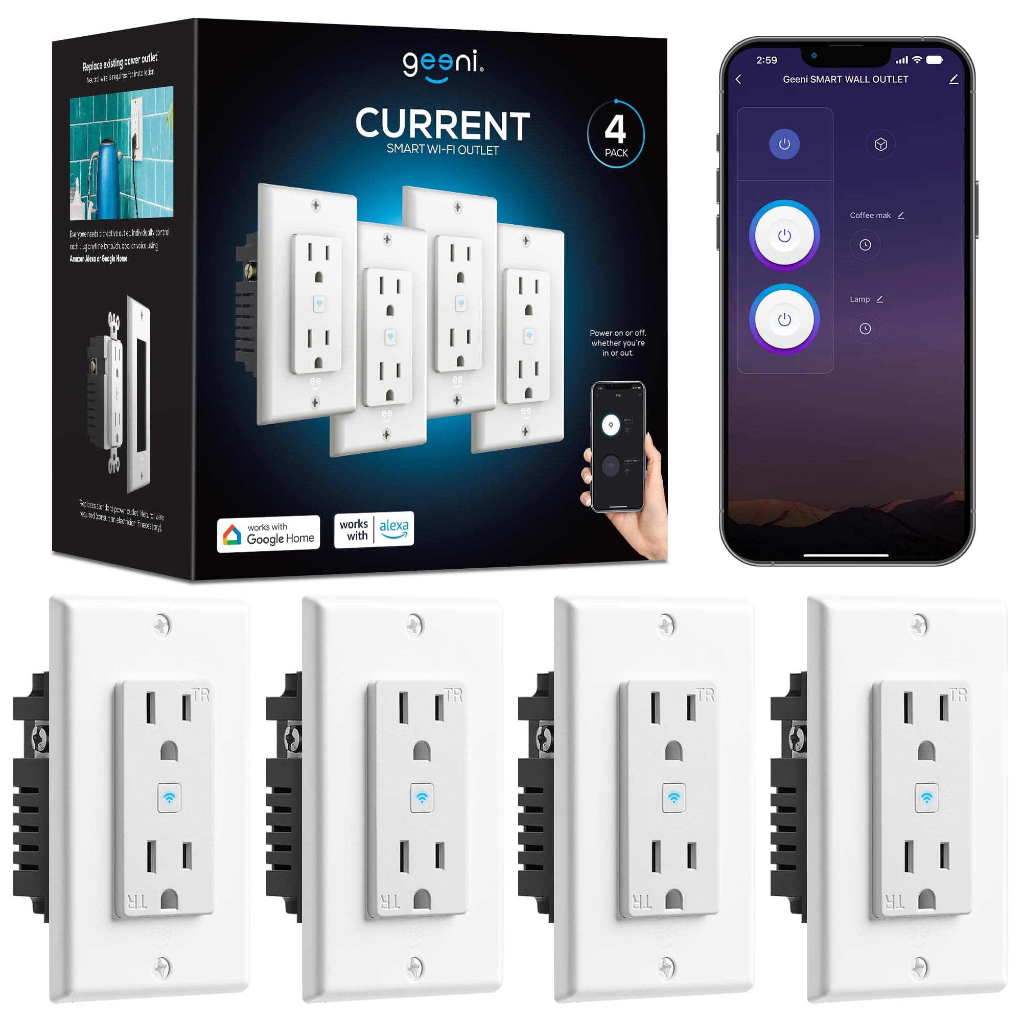 Smart WiFi in-Wall Outlet, White, 4 Pack – 2 Smart Outlets per Plug, Compatible with Alexa & Google Home, Tamper Resistant, Fire Resistant, App & Voice Control, Requires 2.4GHz WiFi