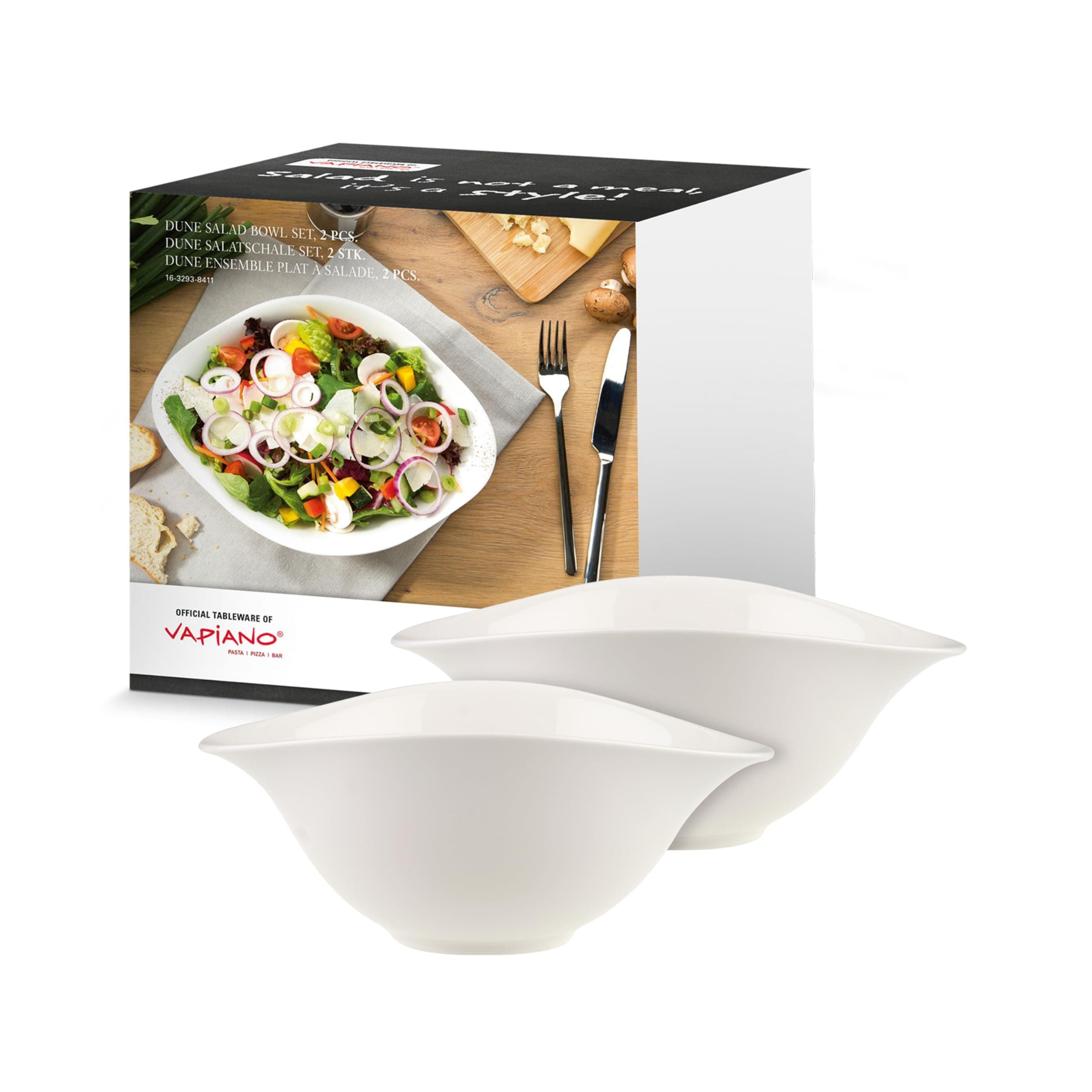 VAPIANO Salad Bowl, 2 Pieces, Premium Porcelain, White