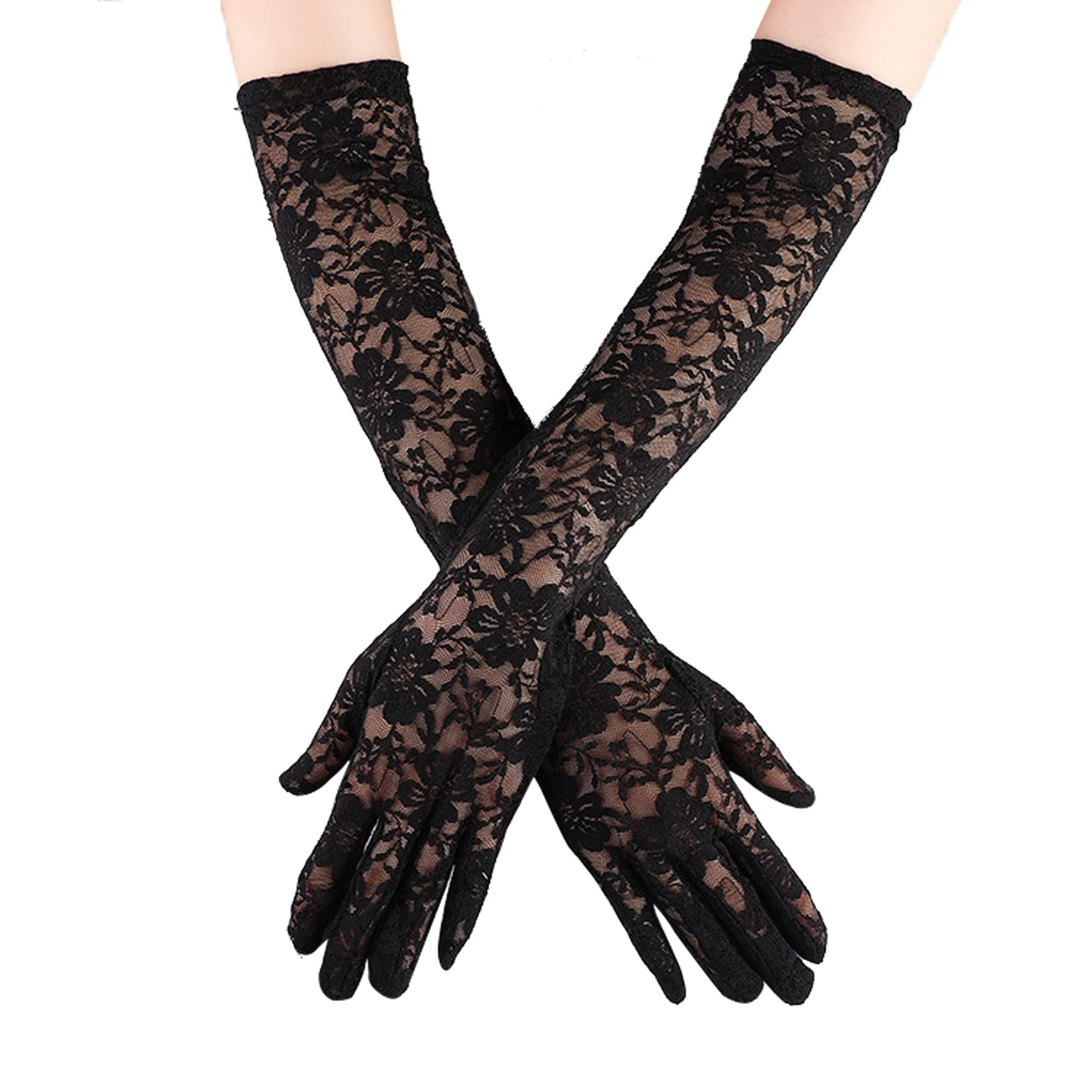 IRYNA Long Black Gloves, Long Lace Gloves, Black Lace Gloves for Women, Black Elbow Length Gloves, Lace Gloves Ladies Fancy Long Elbow Opera Silk Hand Sleeves for Evening Party, Black, One Size