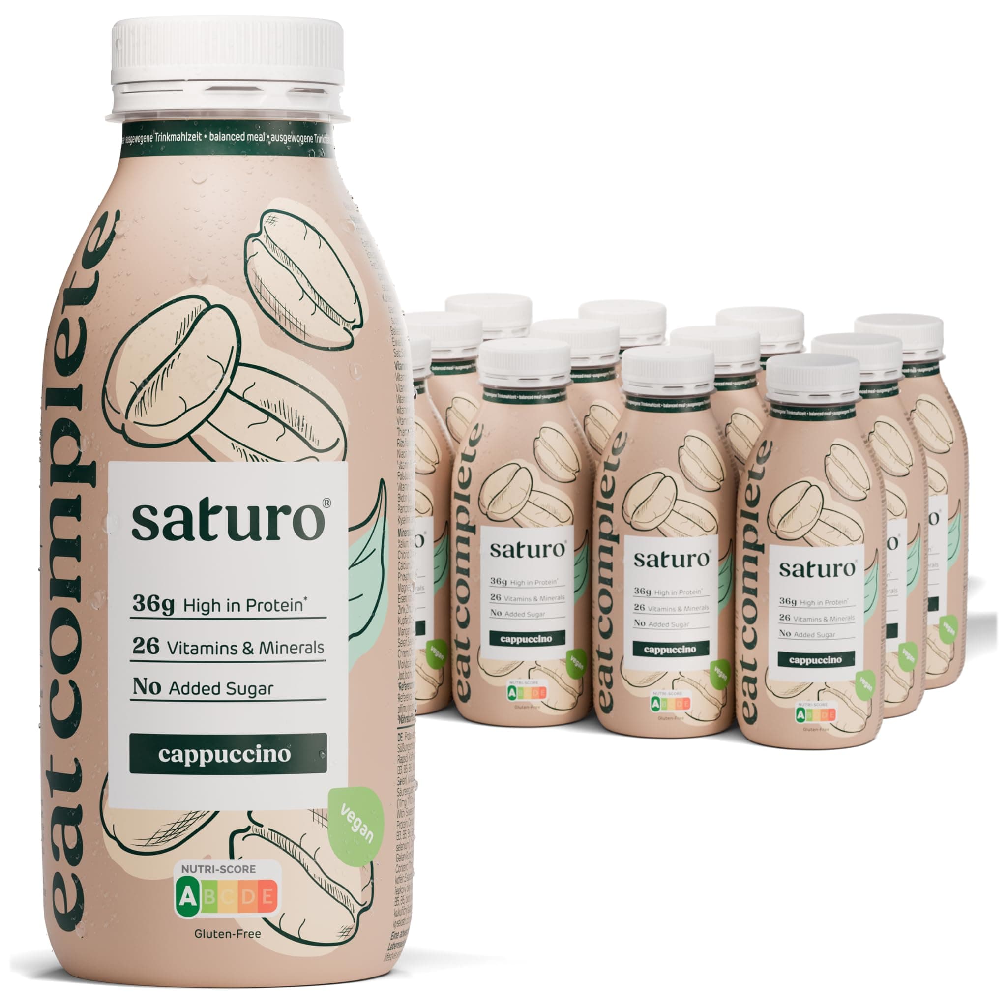 Saturo Meal Replacement Shake Cappuccino | 36 g Protein, sugar-free, 400 kcal | Drinkable Food with Valuable Nutrients | 12 x 400 ml