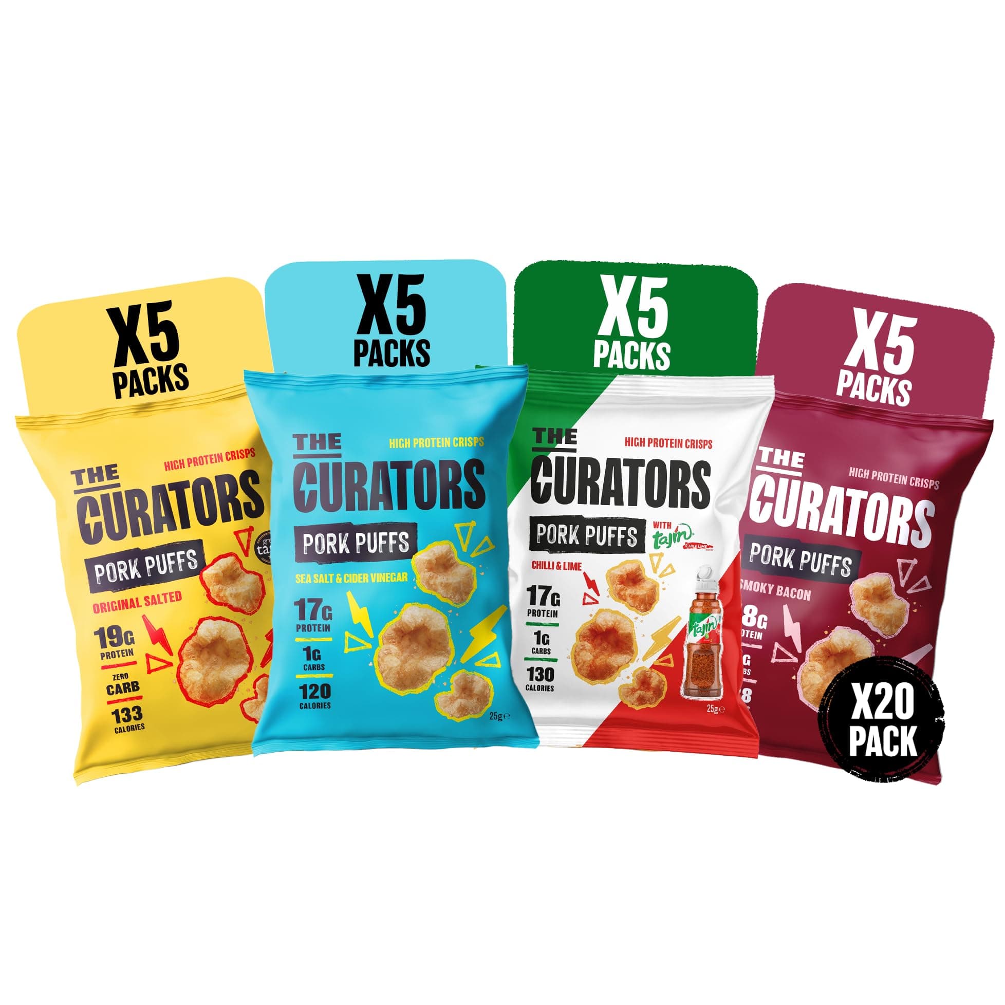 THE CURATORS High Protein Pork Puffs Variety Pack, 5 x Original Salted, 5 x Smoky Bacon, 5 x Tajin, 5 x Salt & Vinegar 25g (20 Packs) Crisp Low Carb Keto Gluten Free Savoury Snack