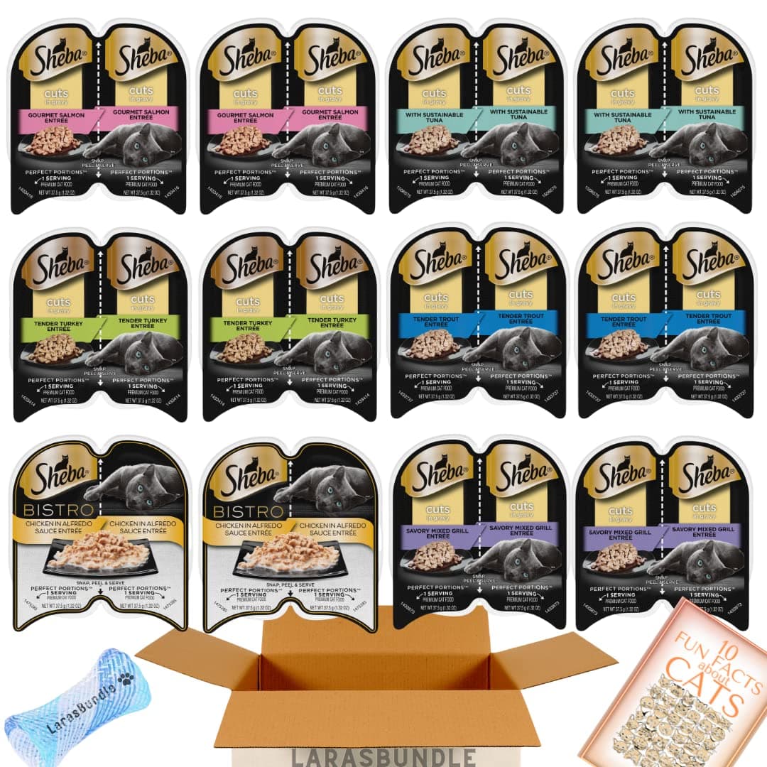 LarasBundleSheba Cuts in Gravy Wet Cat Food Variety Pack | 24 Servings | 12 Packs Perfect Portions Bundled Mice and Spring Toy