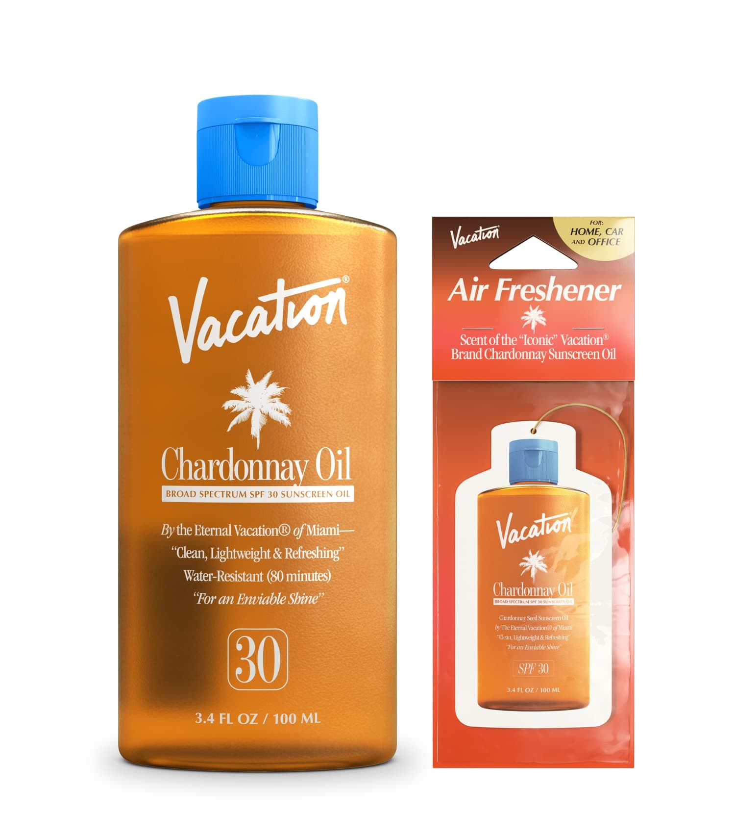 Chardonnay Oil SPF 30 + Air Freshener Bundle, Vegan Suntan Oil with Broad Spectrum SPF, Oxybenzone + Octinoxate Free Sunscreen Tanning Oil, TSA Friendly, Travel Size, 3.4 fl. Oz.