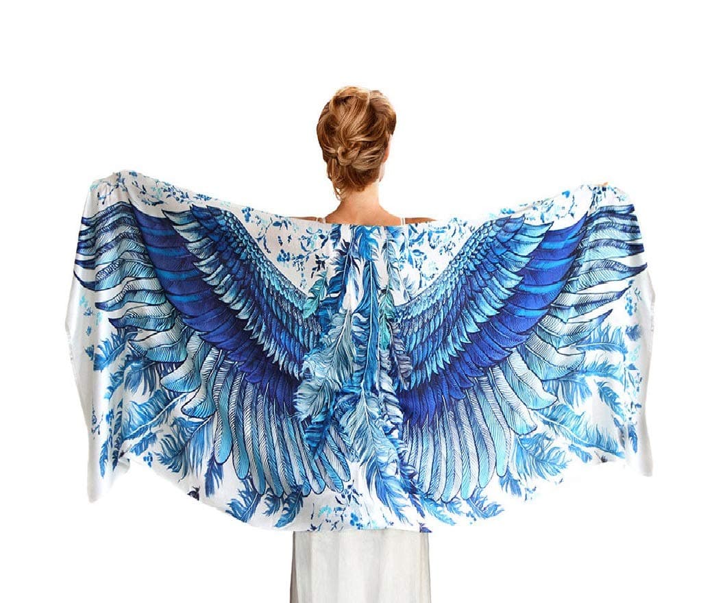 ShovavaPure Silk Wearable Artistic Hand Painted Bird Wing Feather Scarf (Blue Wings)
