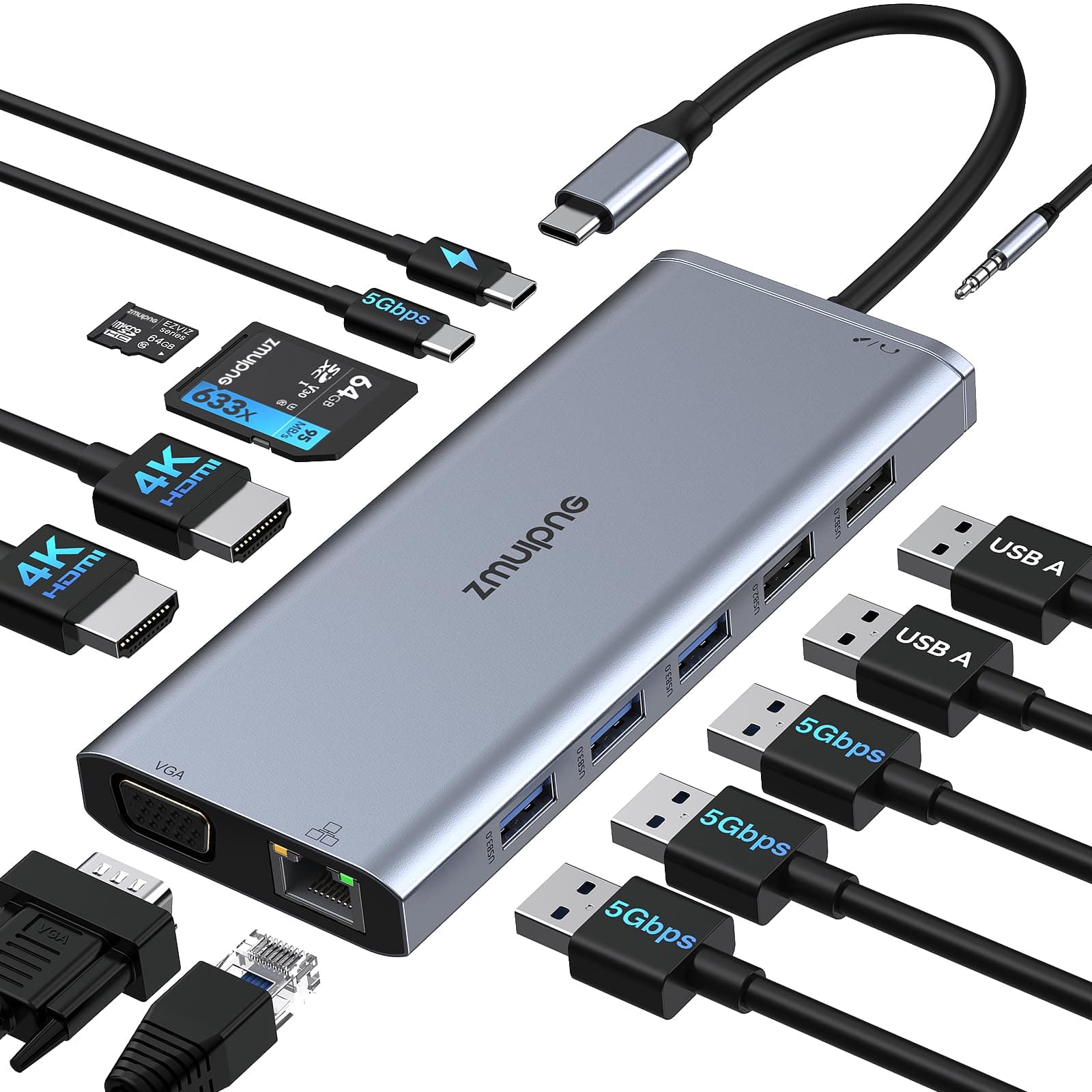 USB C Docking Station Dual Monitor HDMI for Dell HP, Laptop Docking Station USB Type C Hub Multiport Adapter Dongle Thunderbolt 3 USB-C to 2 HDMI,Ethernet,VGA,4 USB,PD,SD/TF,Audio for Lenovo,Surface