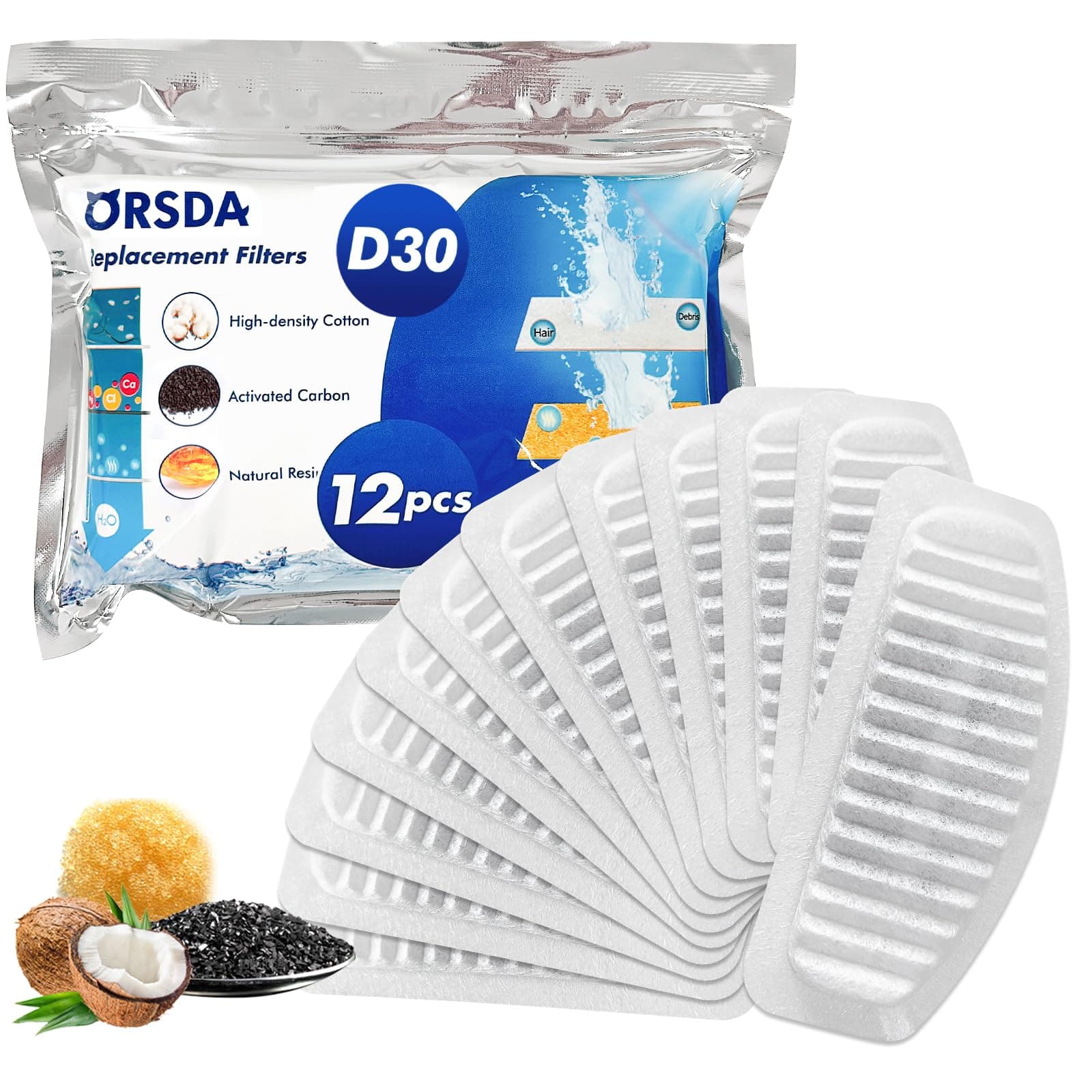ORSDA Cat Water Fountain Filters, Replacement Carbon, Resin Filter ONLY for D30 67oz/2L Automatic Cat Fountain Dog Water Dispenser, 4 Filtration System (12PCS Filters)