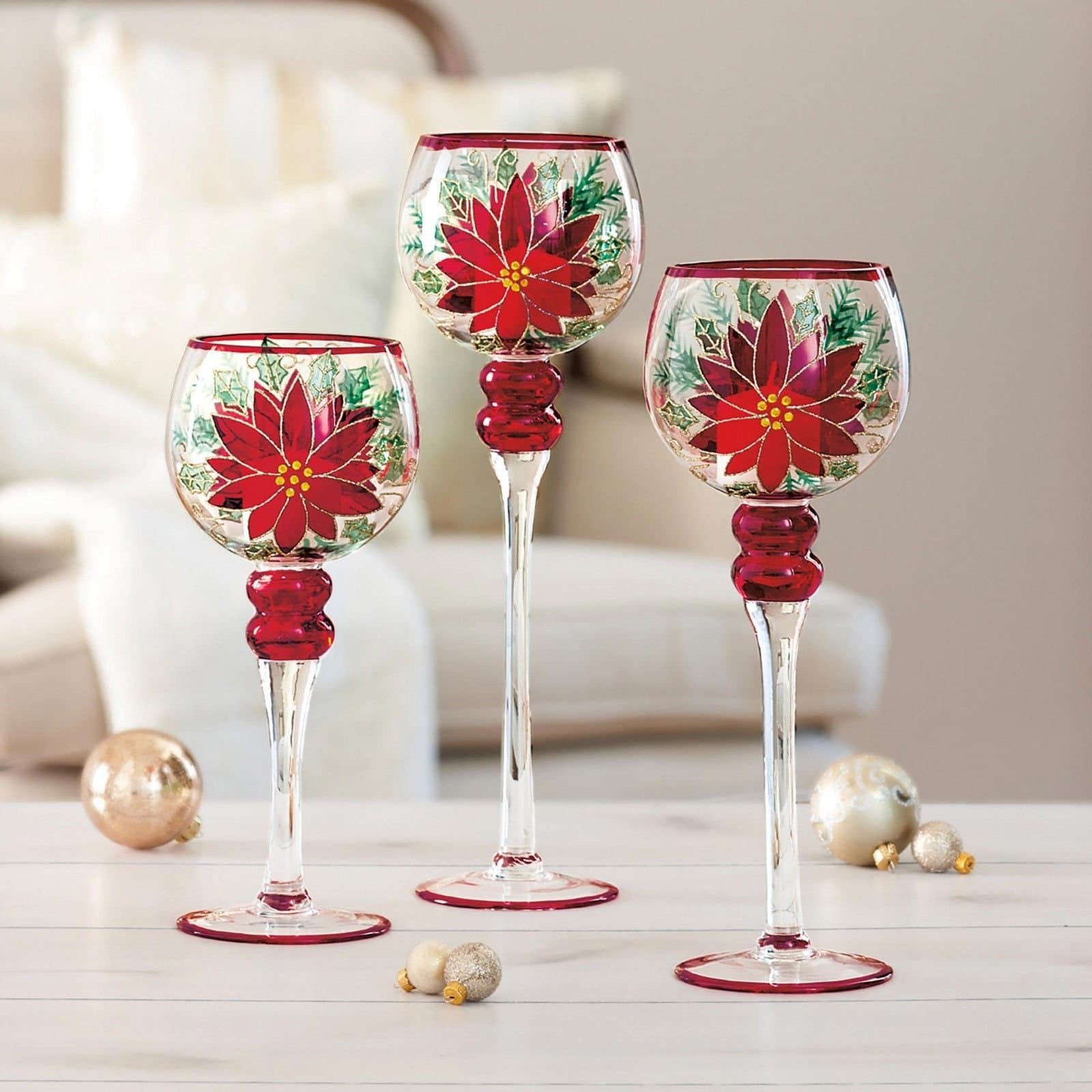 Hand Painted Poinsettia Glass Candle Holders - 3 Piece Various Sized Set