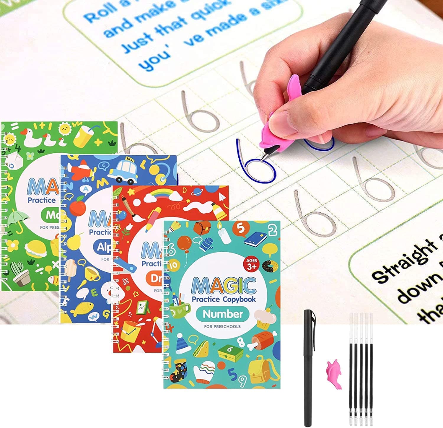 BRISKARO Magic Reusable Practice Copybook for Kids- The Print Handwiriting Workbook-Reusable Writing Practice Book (4 Book with 1 Pen)