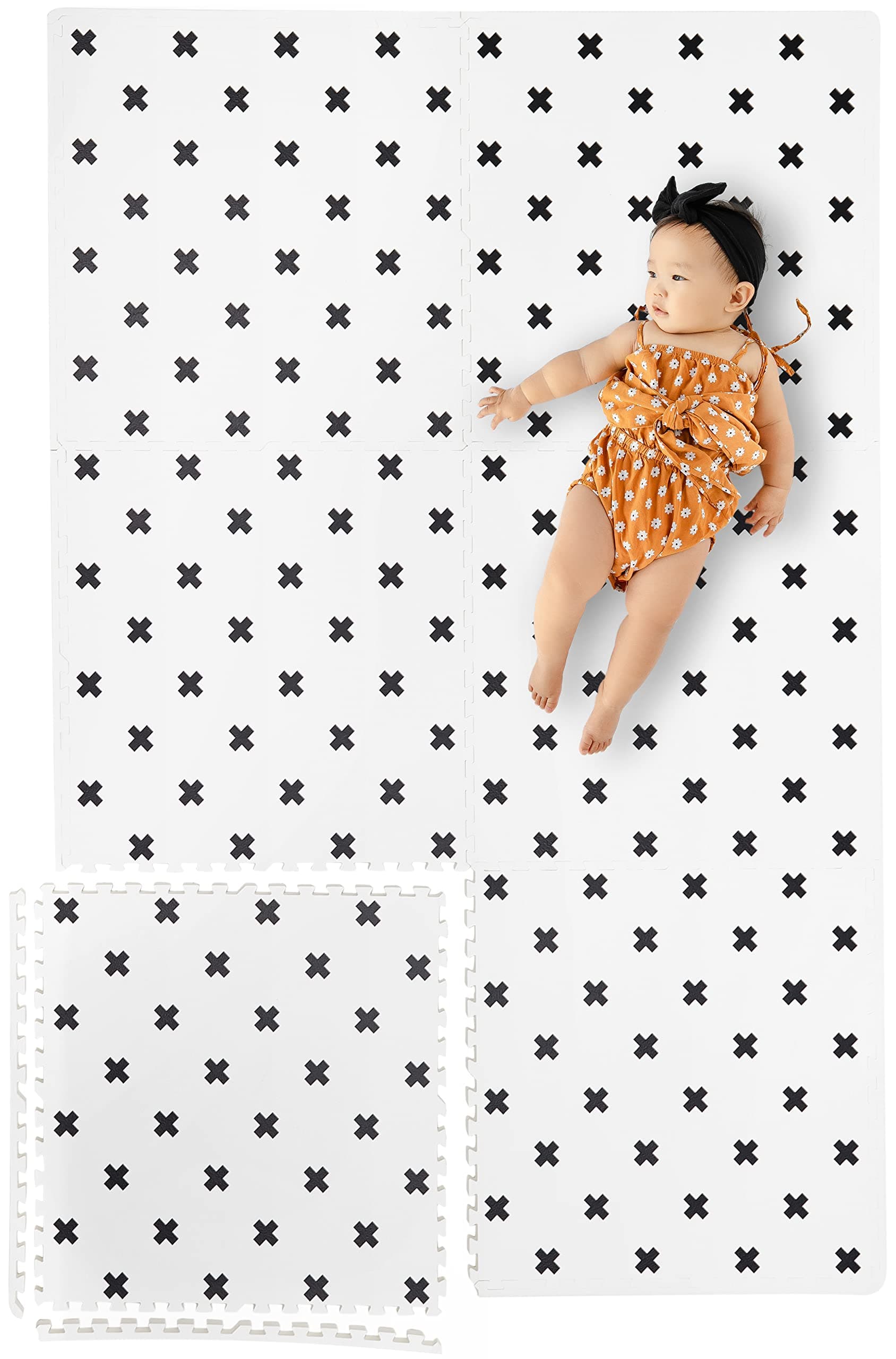 Yay Mats Stylish Extra Large Baby Play Mat. Soft, Thick, Non-Toxic Foam Covers 6 ft x 4 ft. Expandable Tiles with Edges Infants and Kids Playmat Tummy Time Mat (Brooklyn Cross White)