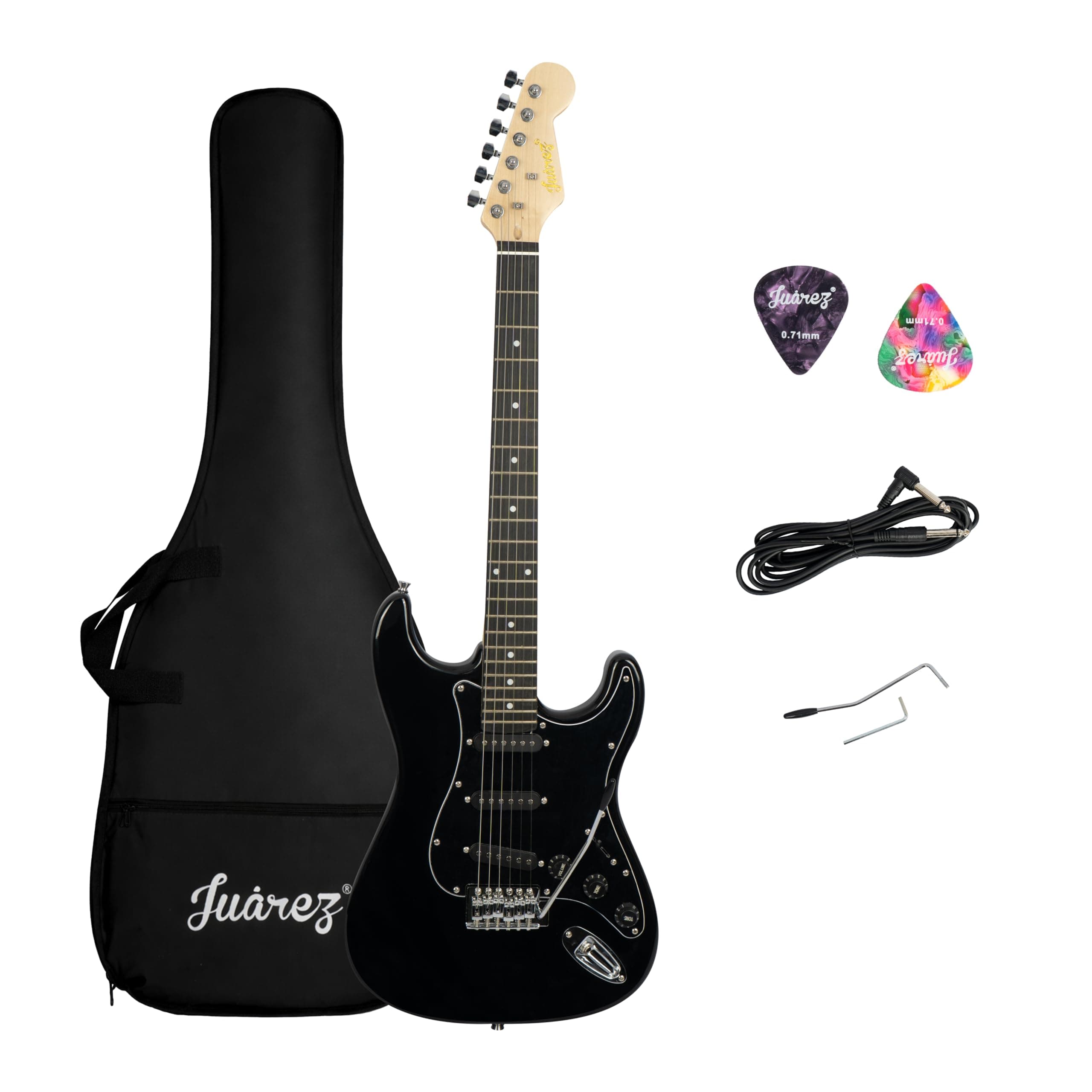 Juarez Electric Guitar 38" Strat Style, H-S-S Pickup, 21 Frets, Maple Neck, Rosewood Fingerboard, Chrome Hardware – with Bag, Tremolo Rod, Cable, Picks & Allen Key, Full Black Gloss Finish