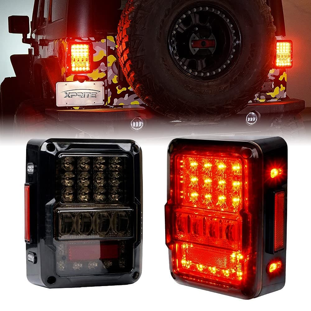 Xprite Smoked Lens 4D LED Tail Lights Compatible with Jeep Wrangler JK/JKU 07-18 | Plug & Play, Resistor | Brake Signal, Reverse Light | DOT - 2PC