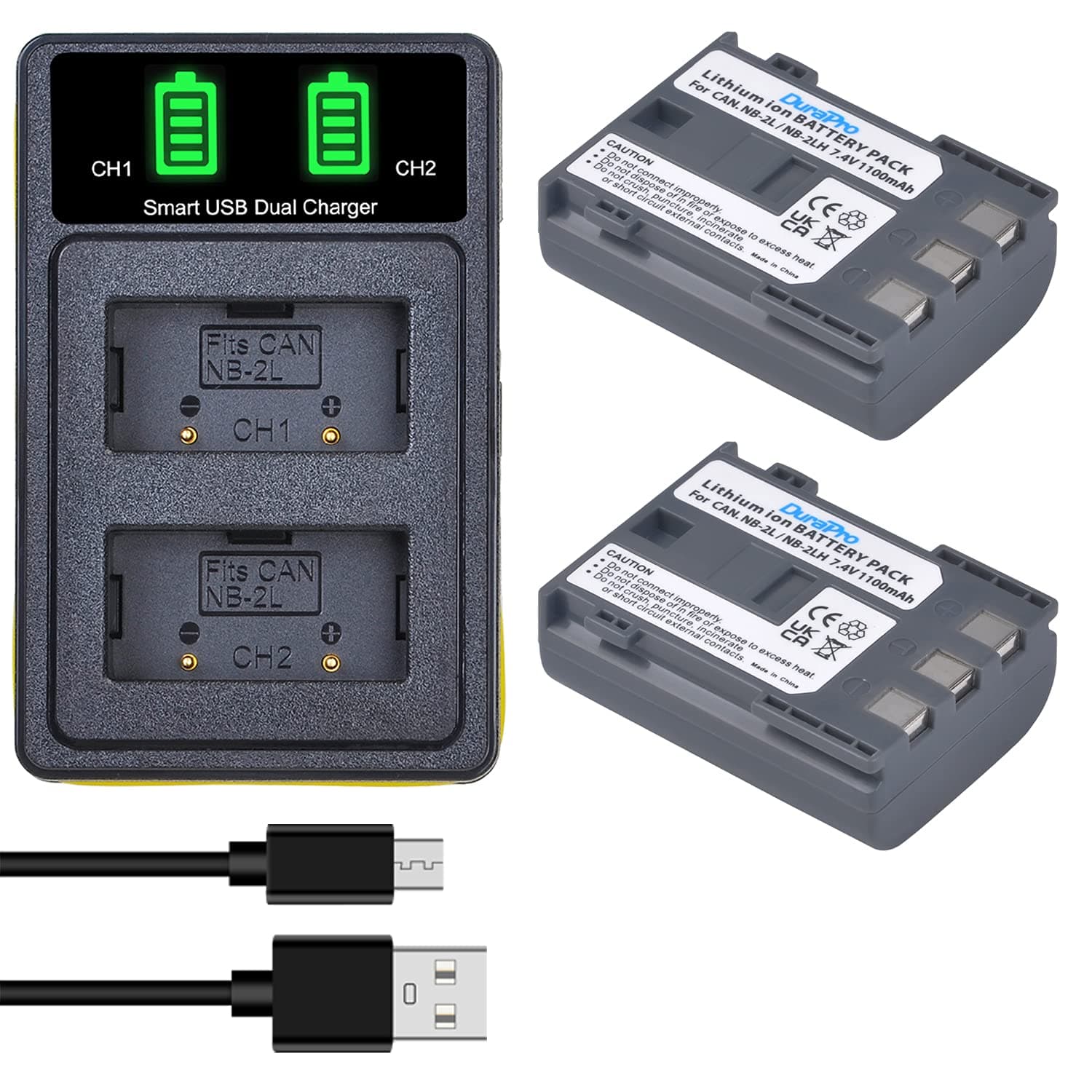 DuraPro 2pcs NB-2L NB-2LH Battery + Dual USB Charger for Canon EOS 350D 400D MD265 MV960 PowerShot G7 G9 S70 S80 ZR950 ZR960 HG10 HV40 Cameras