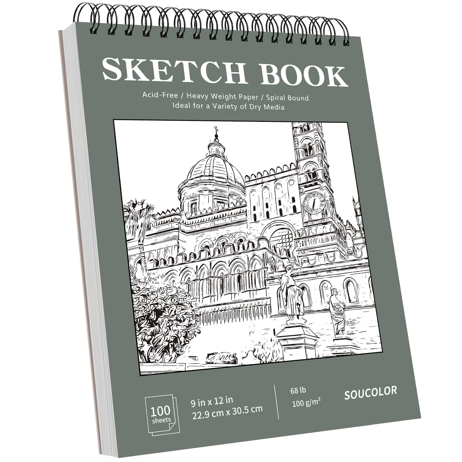 Soucolor 9" x 12" Sketch Book, 1-Pack 100 Sheets Spiral Bound Art Sketchbook, Acid Free (68lb/100gsm) Artist Drawing Book Paper Painting Sketching Pad, College Essentials