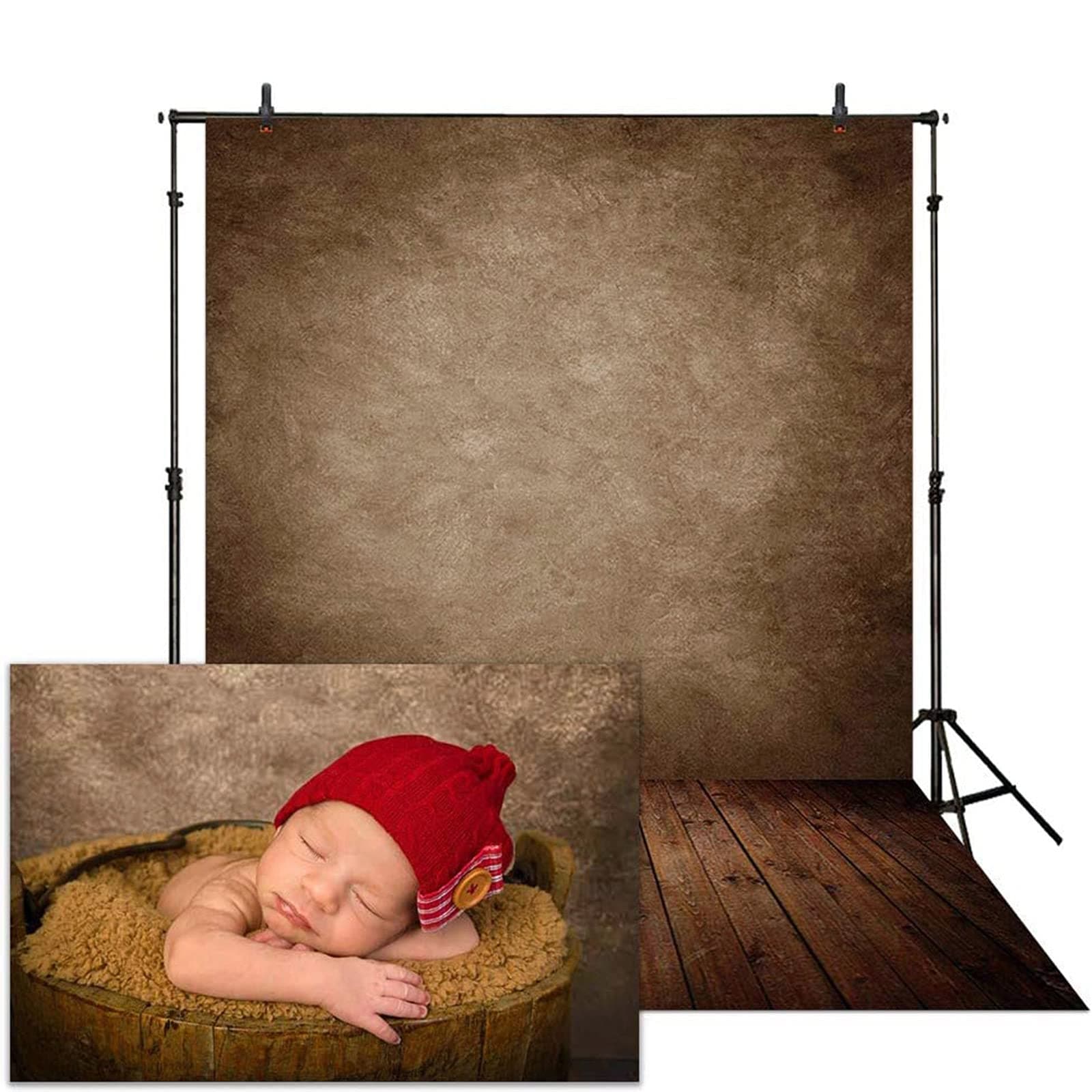 Allenjoy 5x7ft Soft Fabric Brown Wall with Wooden Floor Photography Backdrop Newborn Baby Photoshoot Abstract Portraits Photo Photographer Background Props
