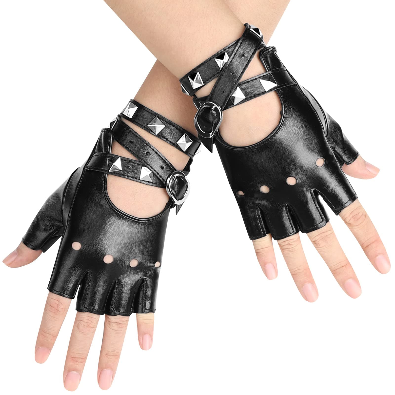 Leather Punk Gloves Fingerless Gloves for Women Driving Cycling Sports Cosplay Performance Half Finger Gloves for Women Teens Kids