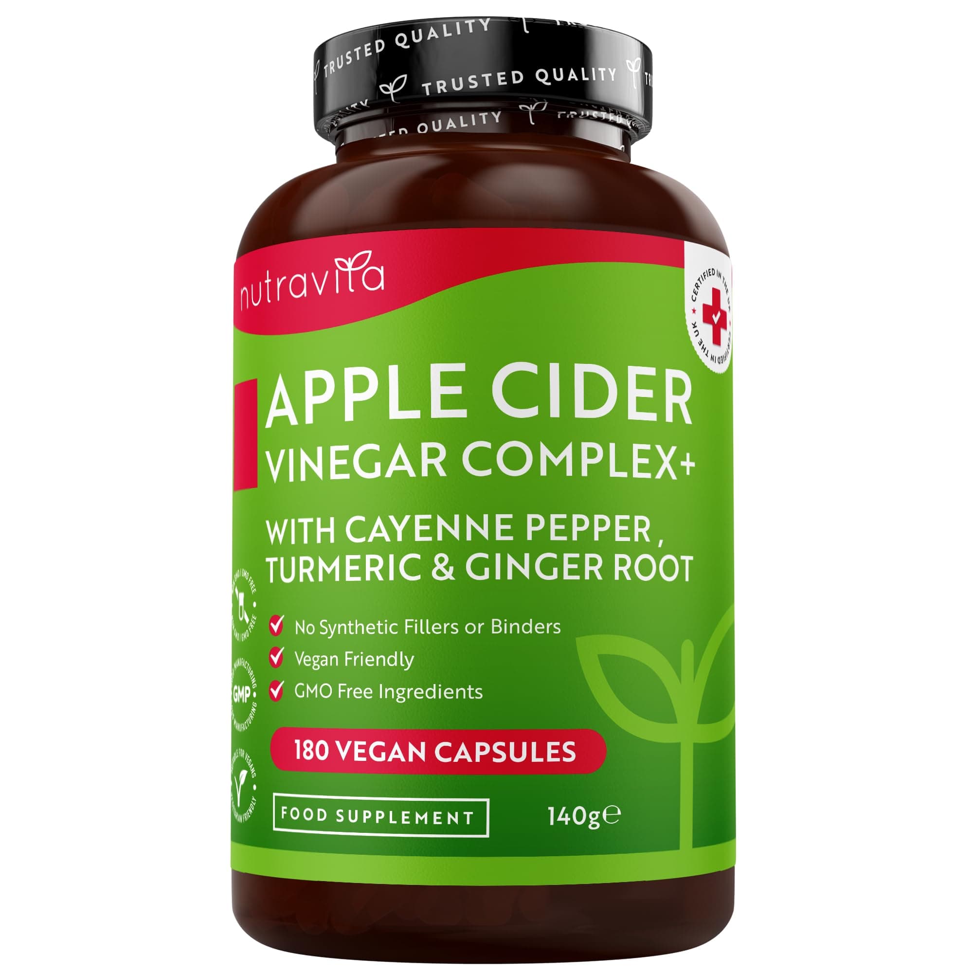 Nutravita Apple Cider Vinegar Capsules with Cayenne Pepper, Turmeric and Ginger Root - 180 Vegan Capsules Made from UK Grown Apples - Raw Unfiltered ACV - 1033mg Daily Dosage - Made in The UK