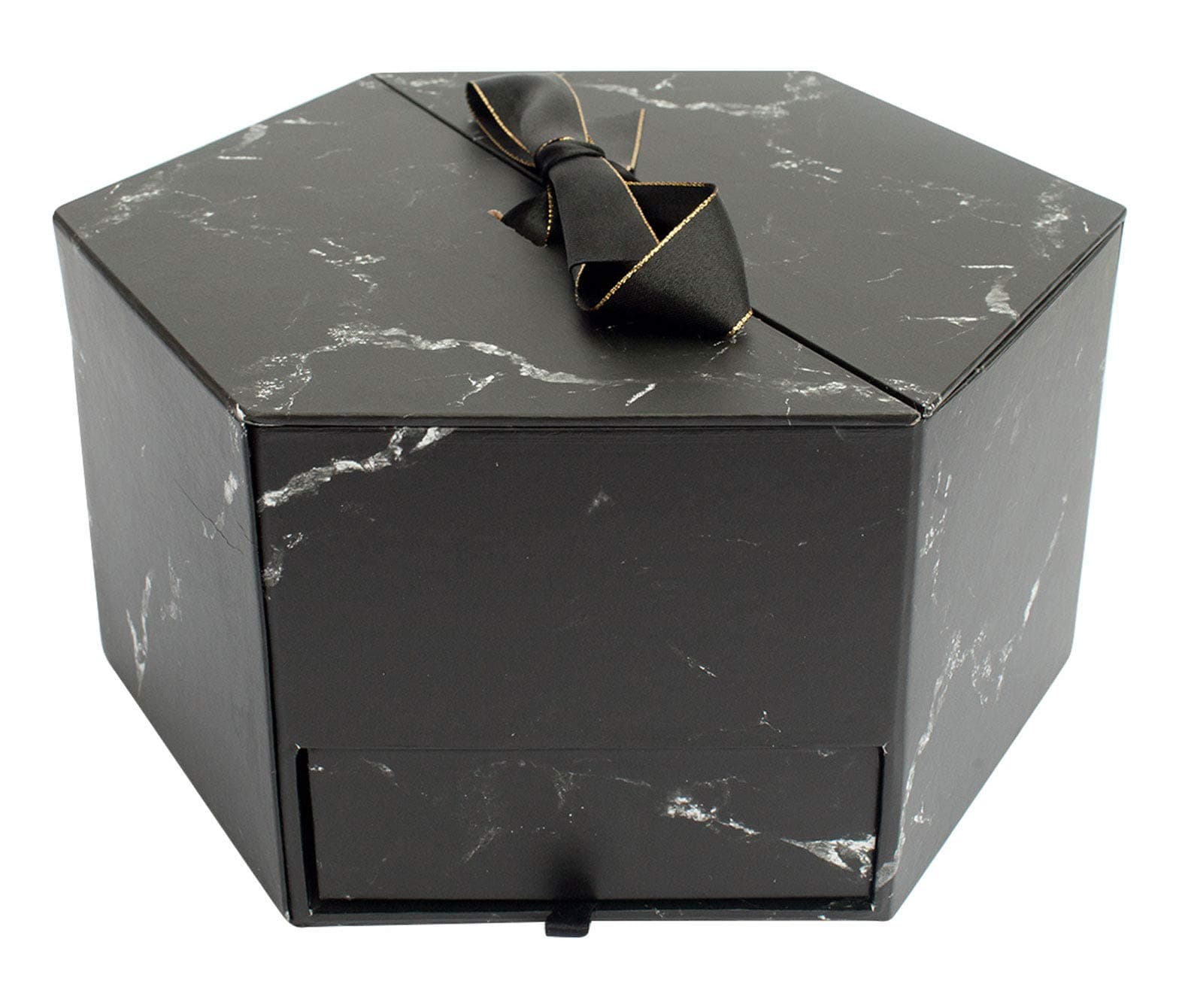 Emartbuy Rigid Luxury Hexagon Shaped Presentation Gift Box, Black Marble Pattern, Black Interior, Black and Gold Satin Ribbon and One Side Drawer