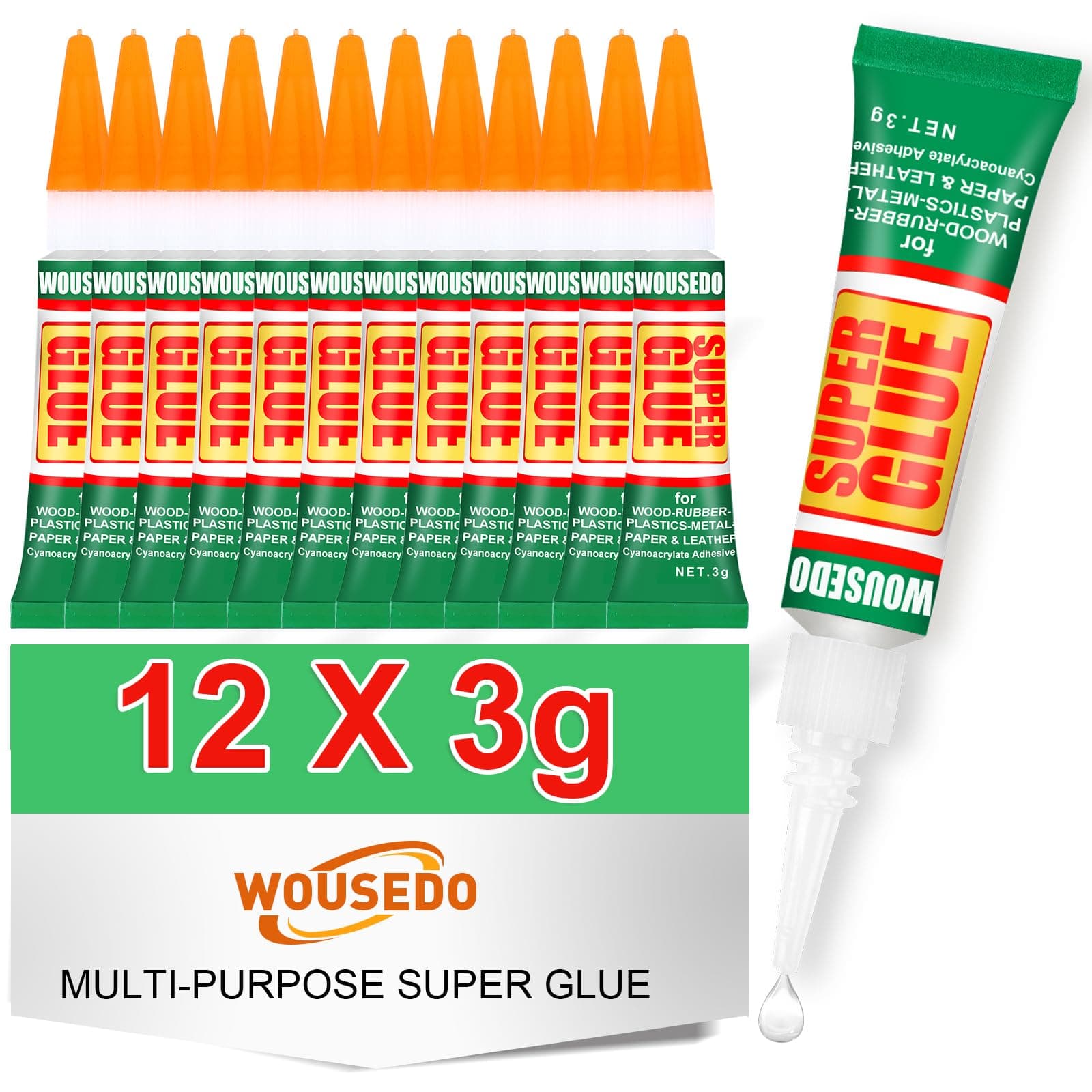 12 X 3g Super Glue Clear, Strong Adhesive,Super Glue Fast Drying Cyanoacrylate Glue for Wood,Rubber,Leather, Plastic, Metal, Rhinestone Jewelry, DIY Crafts and More