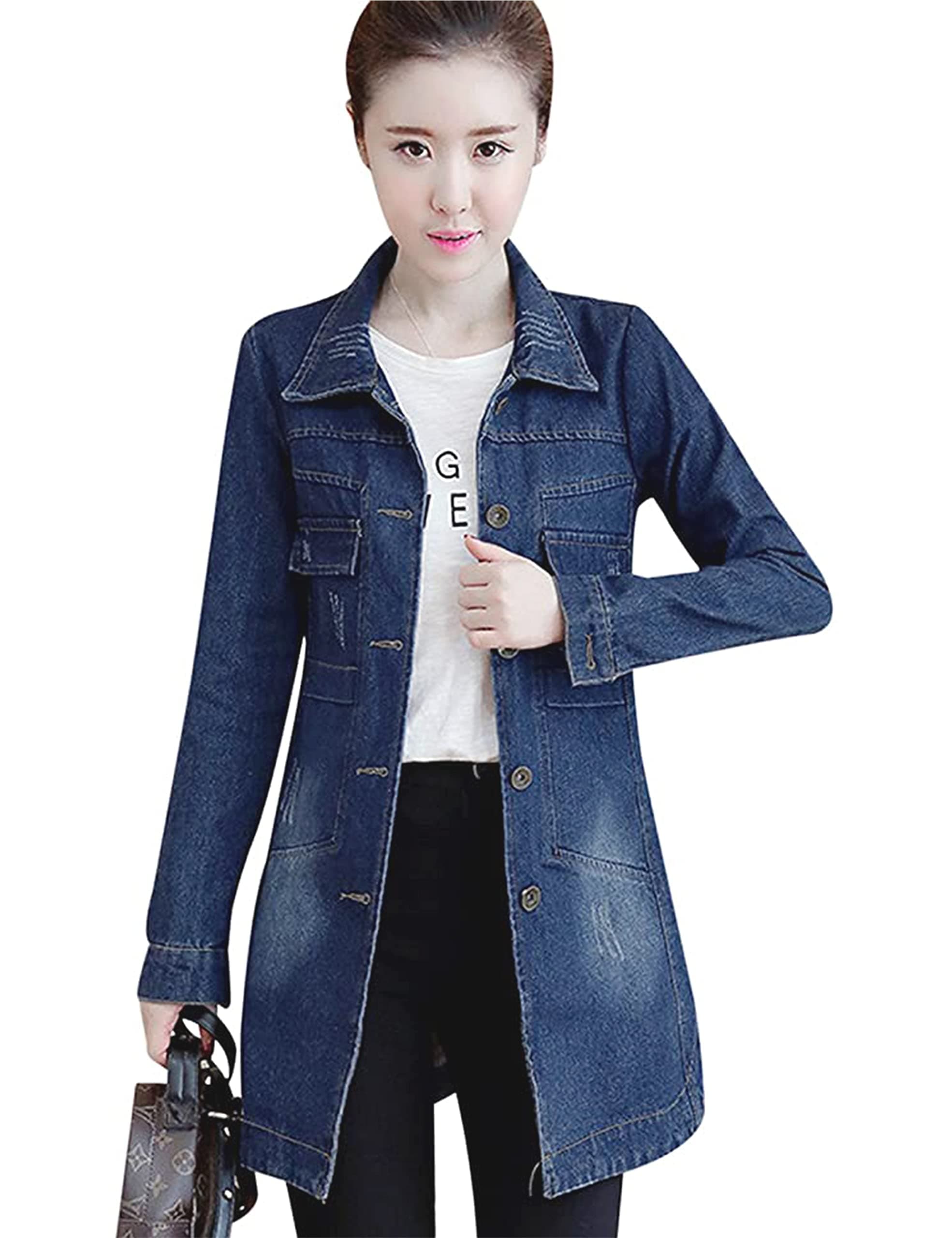 Tanming Women's Button Front Mid Long Denim Jean Jacket Coat (X-Small, Dark Blue)