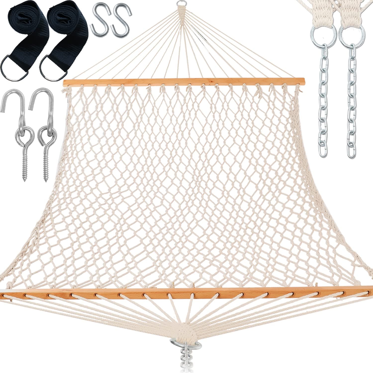 Rope Hammocks Swing with 5ft Tree Straps, Traditional Hand Woven Cotton 52" Double Hammock with Free Chains & Straps & Hooks & Hardwood Spreader Bar for Outside Outdoor, Max 450Lbs (Natural)