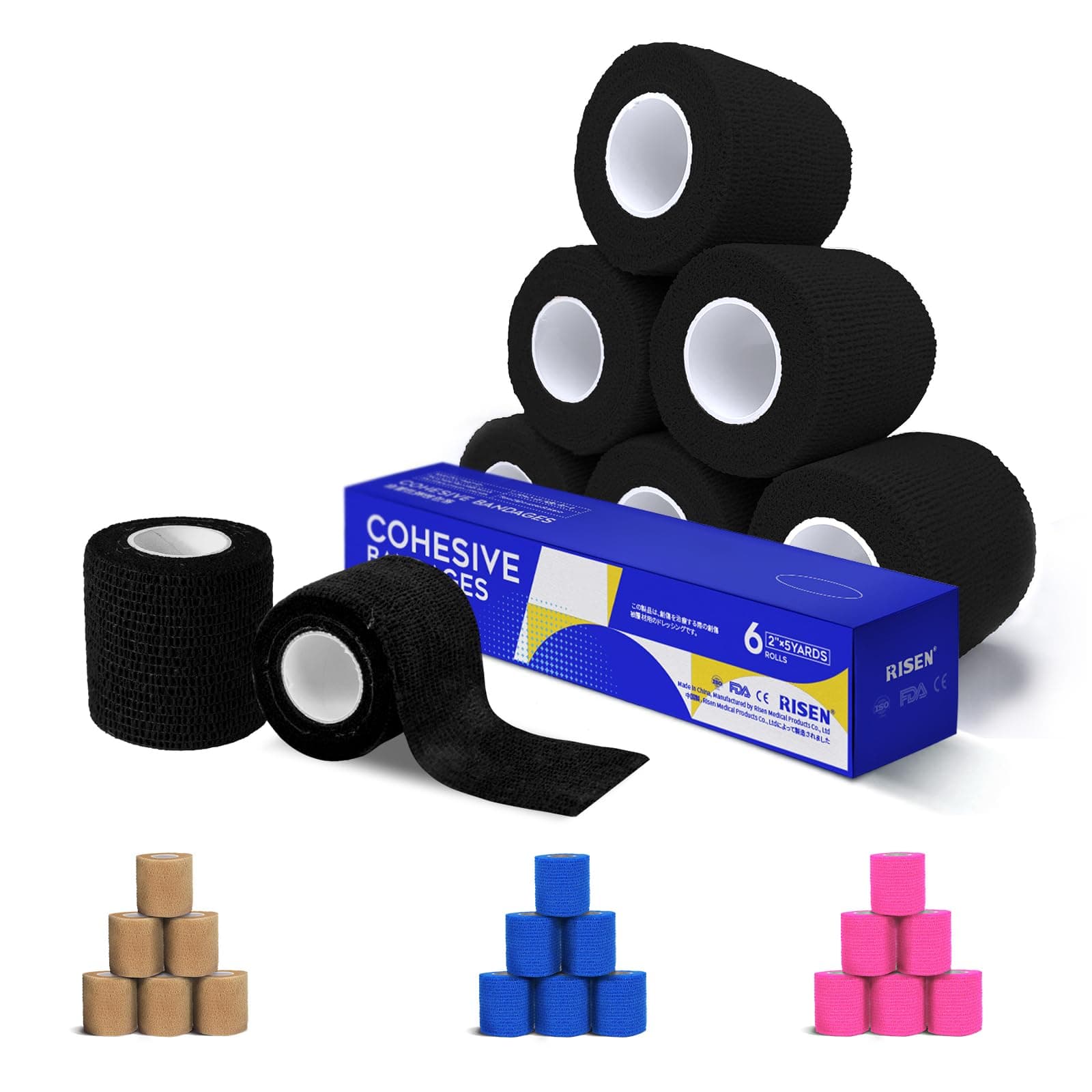 - RISEN Cohesive Bandage 2” x 5 Yards, 6 Rolls, Self Adherent Wrap Medical Tape, Adhesive Flexible Breathable First Aid Gauze Ideal for Stretch Athletic