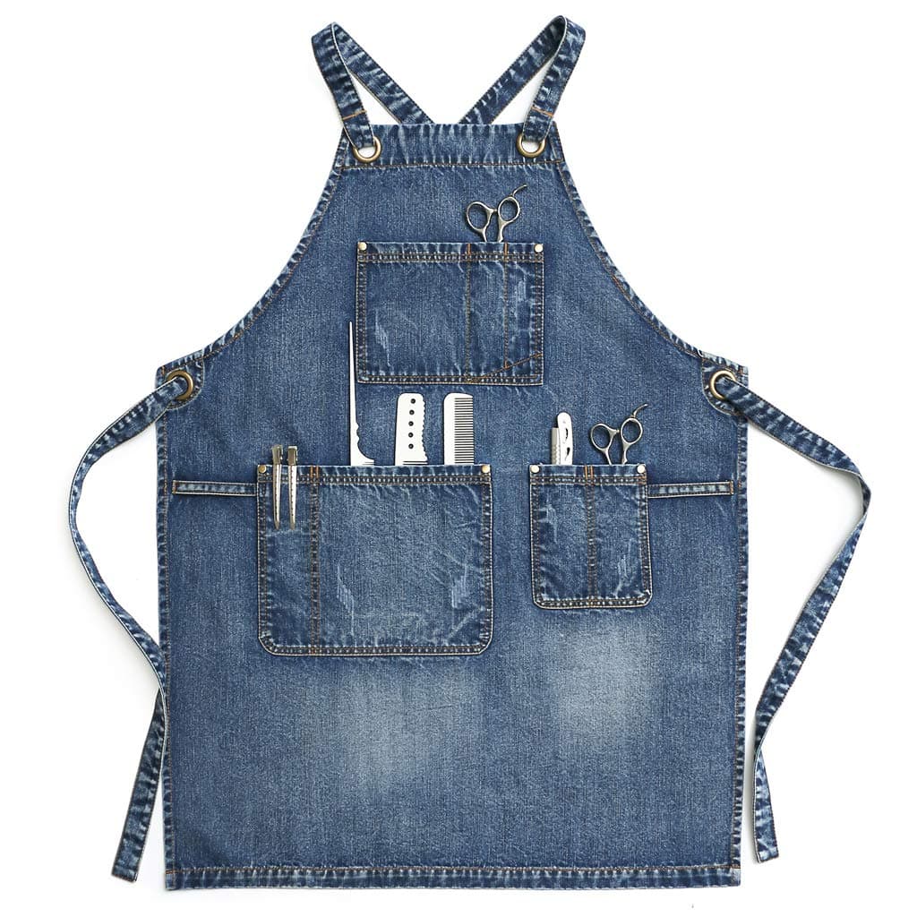Jeanerlor Denim Hair Stylist Apron With Pockets for Women, Acid Washed Jean Work Tool Aprons Cross Back for Hairstylist (Denim Blue) Adjustable S to L