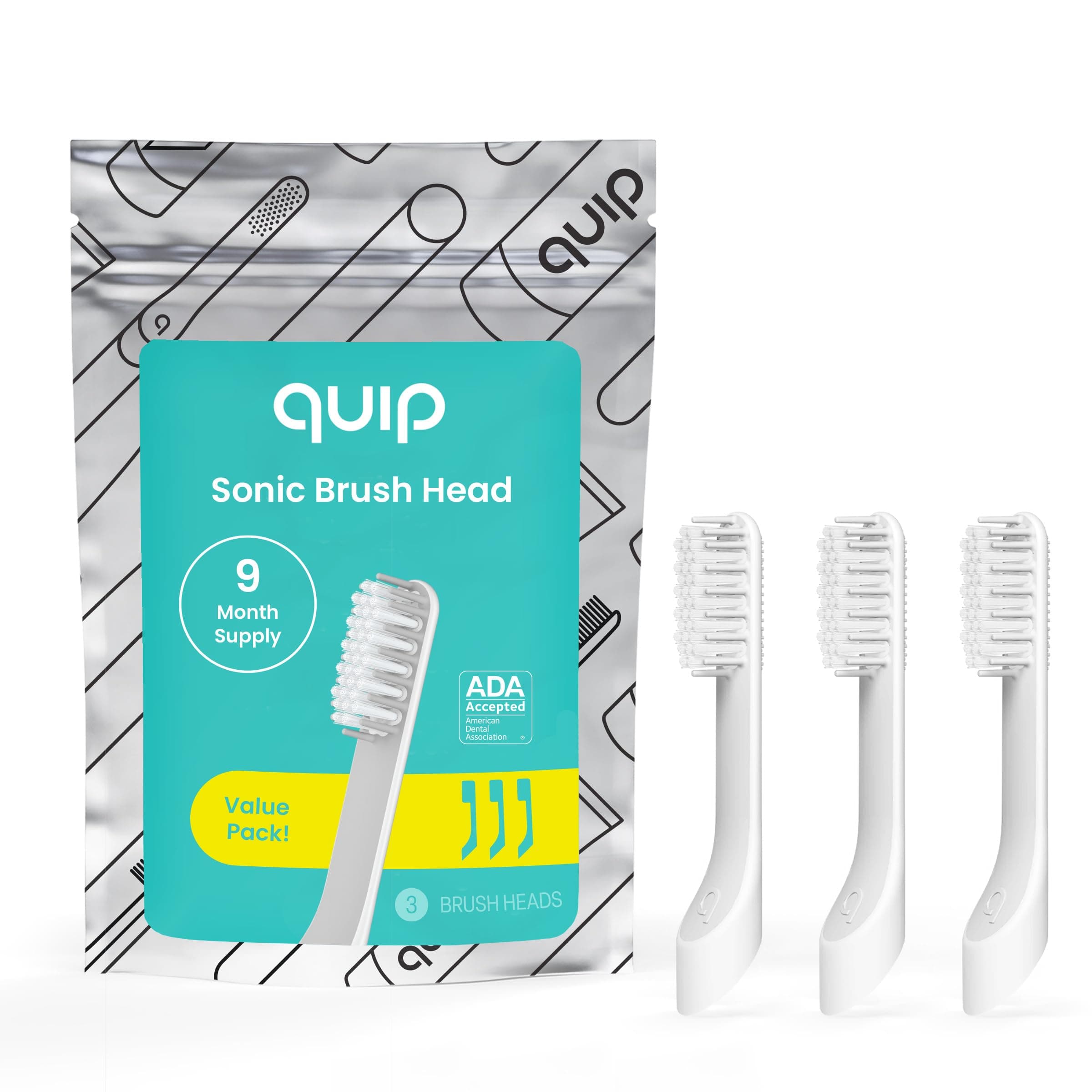 Sonic Toothbrush Replacement Heads for Adults - 3 Pack - Verified quip Standard Brush Head Refills for Electric Toothbrushes - Soft Bristles, Compact & Flexible - Last 3 Months Each