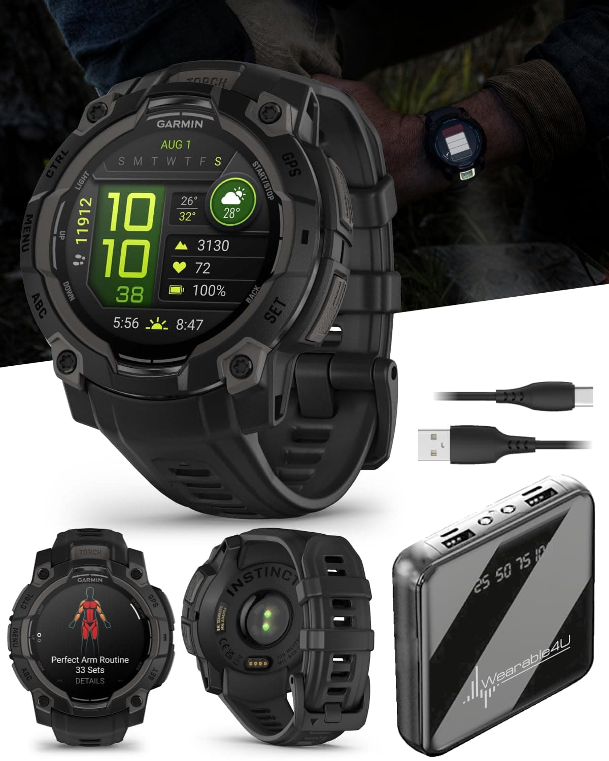 Wearable4U Garmin Instinct 3 45mm, AMOLED Display, Rugged Outdoor GPS Smartwatch, Metal-Reinforced Bezel, Built-in Flashlight, Up to 18 Days of Battery Life, Black Bundle