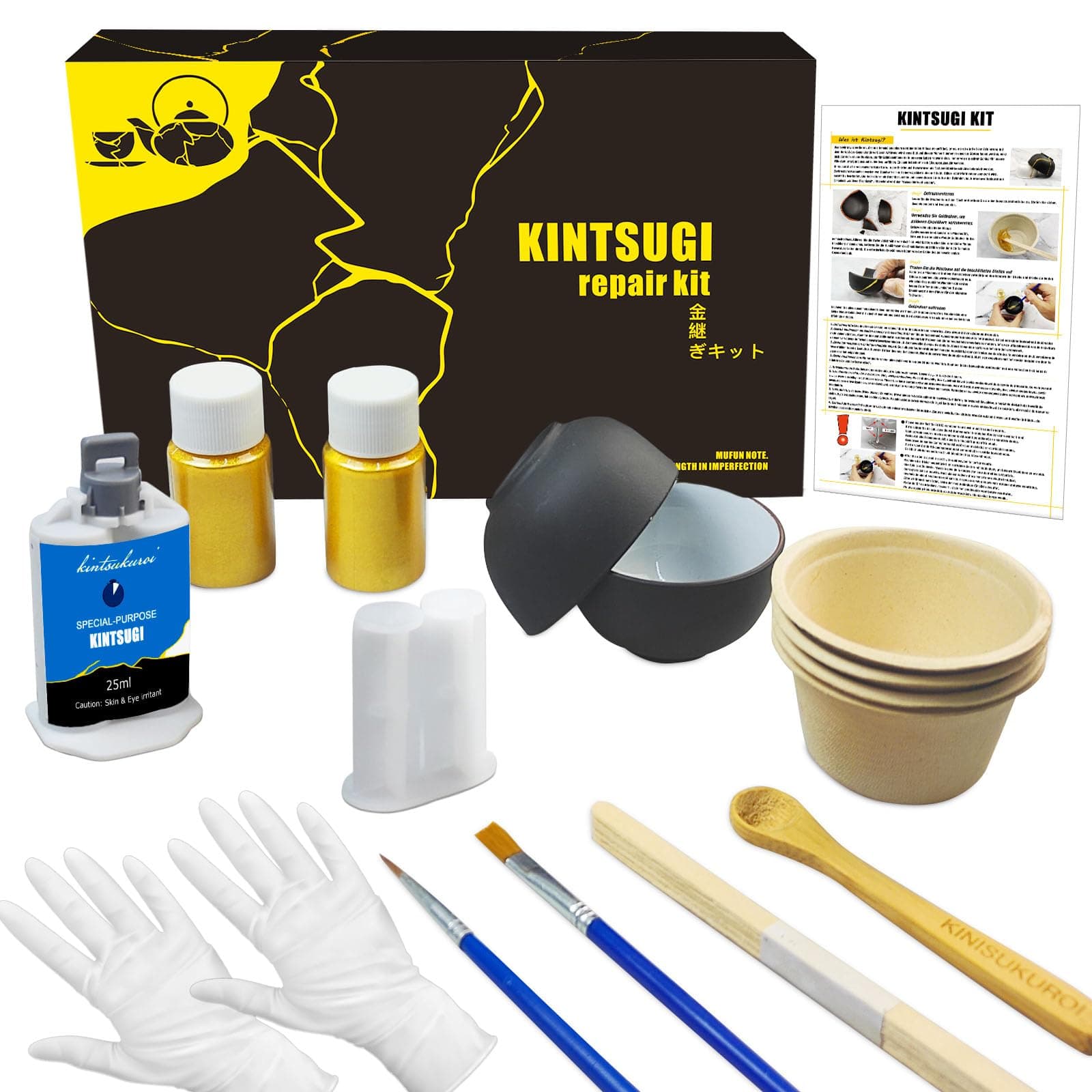 MUFUN Kintsugi Repair Kit, Repair Your Meaningful Pottery with Gold Powder Glue - Comes with Two Practice Ceramic Cups for Starter