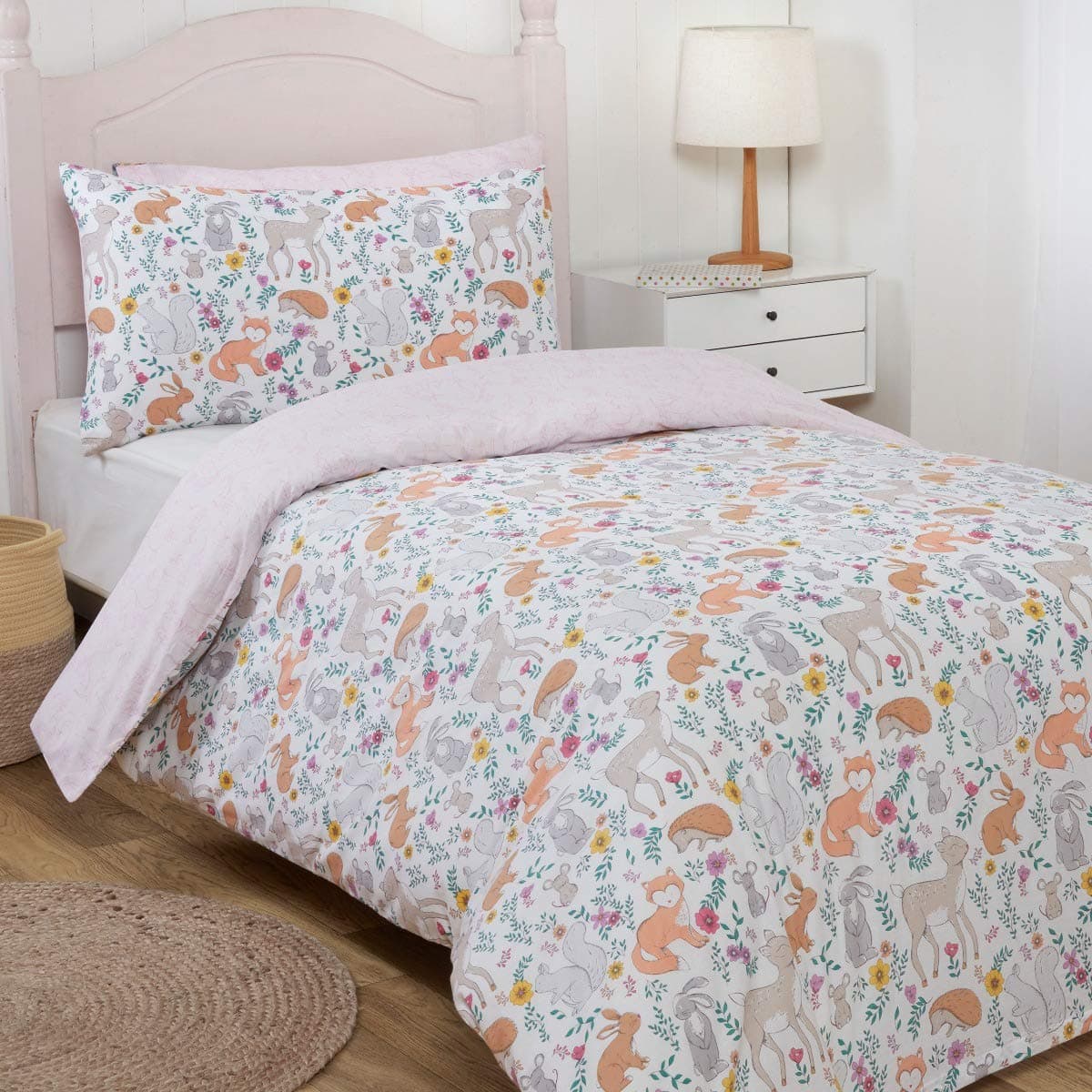Sleepdown Enchanted Woodland Animals Multi Colour Floral Kids Children's Reversible Duvet Cover Quilt Bedding Set and Pillowcase-Two Designs Twin Pack-Single (135cm x 200cm), Polycotton, Multicolour