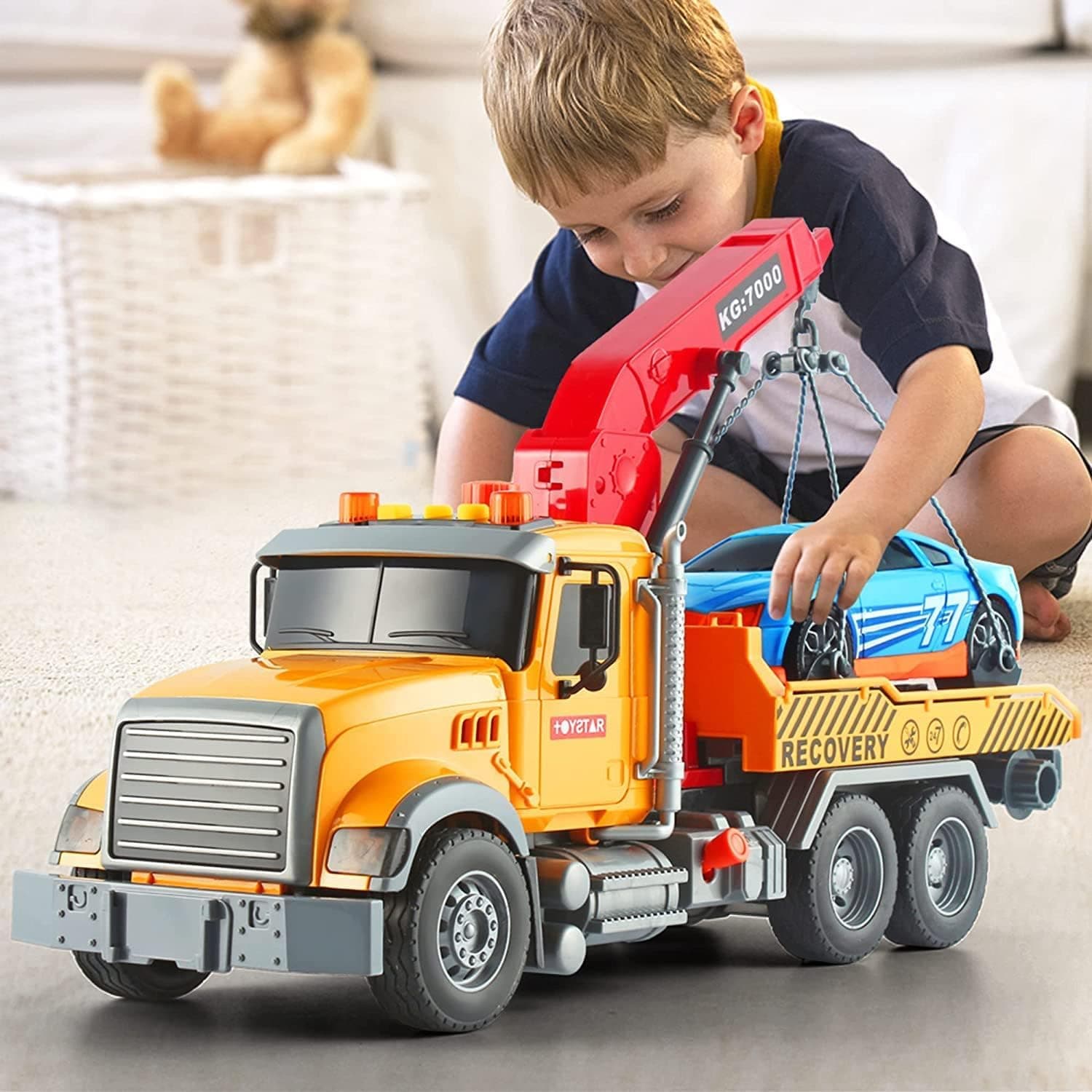 ORCHID M®Truck Toy Kids Toys for 3 4 5 6 7 Years Old Boys, 15" Large Tow Truck Toy,Friction Powered Transport Truck Crane Toy with Lights and Sounds,with Roadster,Toddlers Gifts