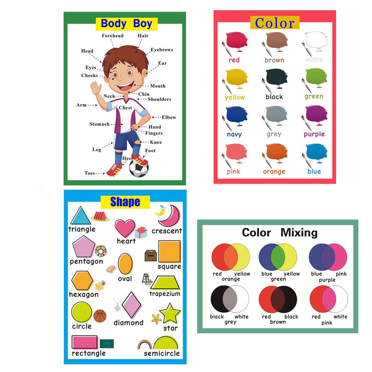 SANTSUN 4 Pieces Laminated Educational Preschool Posters for Toddlers| Educational Wall Charts| School classroom Posters| Class decorations for Kindergarten-Body Boy,Shape,Color,Color Mixing.