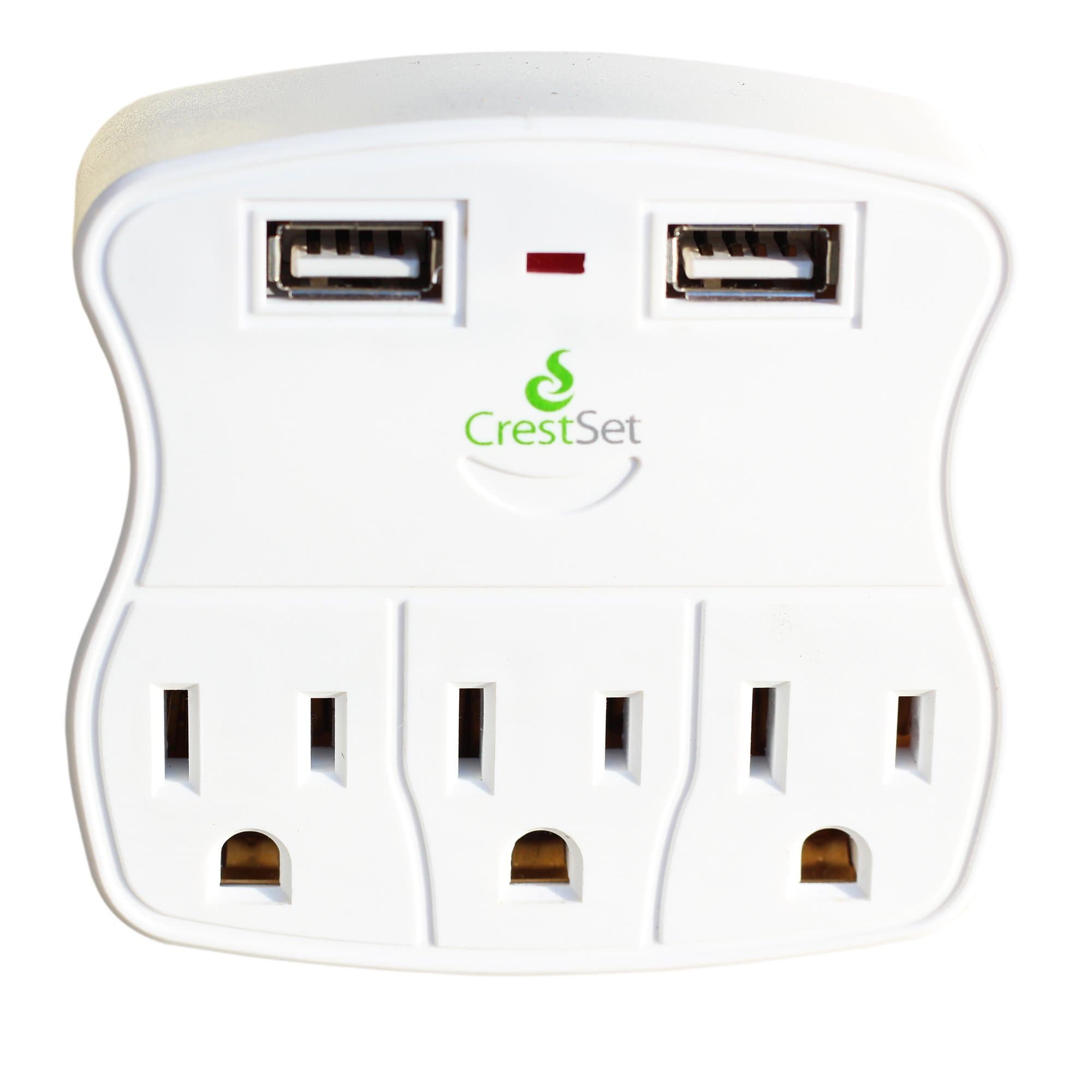 CrestSet Portable USB Wall Plug Charger, 460 J Surge Protector, 2 USB Ports 3 AC Ports - Travel Office Home - Charges iPhones, iPads, Laptops, Tablets, Bathroom, Kitchen etc