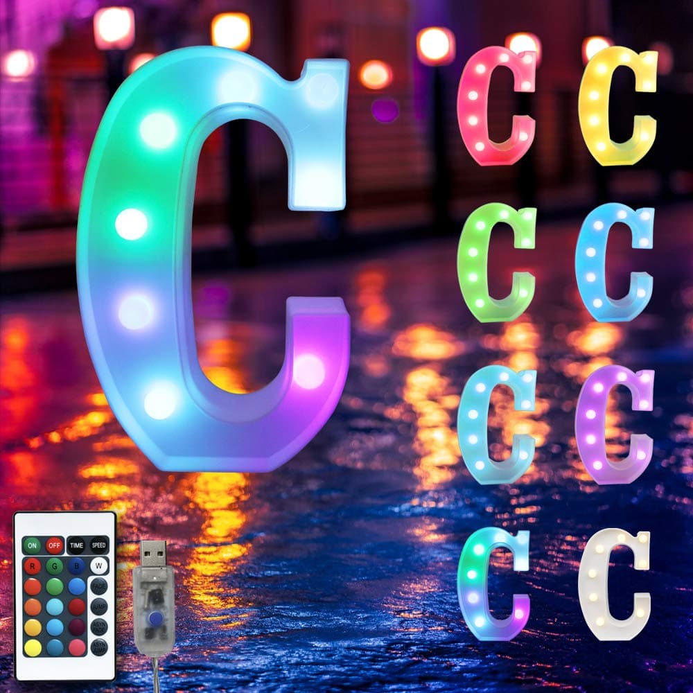 16 Color Changing Marquee Letter Light,Light Up Colorful 26 Alphabet Signs – Home Decor Name Signs – USB Powered LED Remote Timer – Lighted Vintage Accessories & Decorations-C